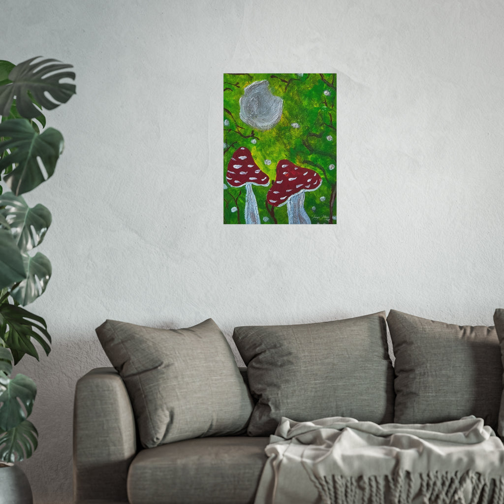 Small framed-style mushroom wall art poster on a wall: green forest, gray cap, red spotted mushrooms.