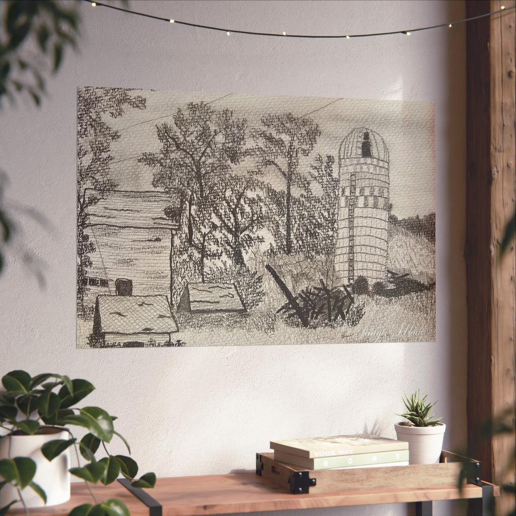 Rural Silo Pencil Sketch Poster — Fine Art Farm Landscape Print
