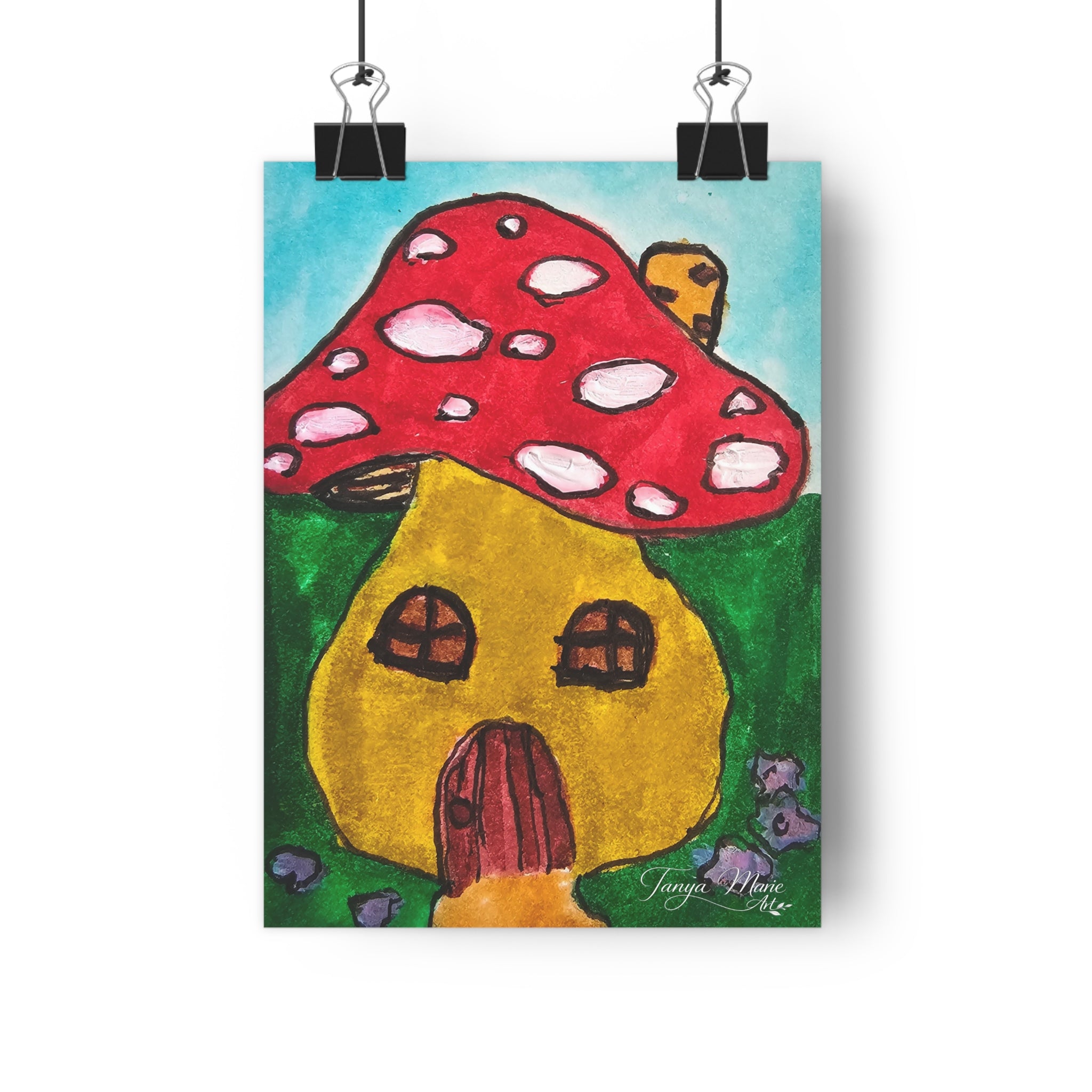 Mushroom cottage art print showing red polka-dot cap, yellow house, and green ground