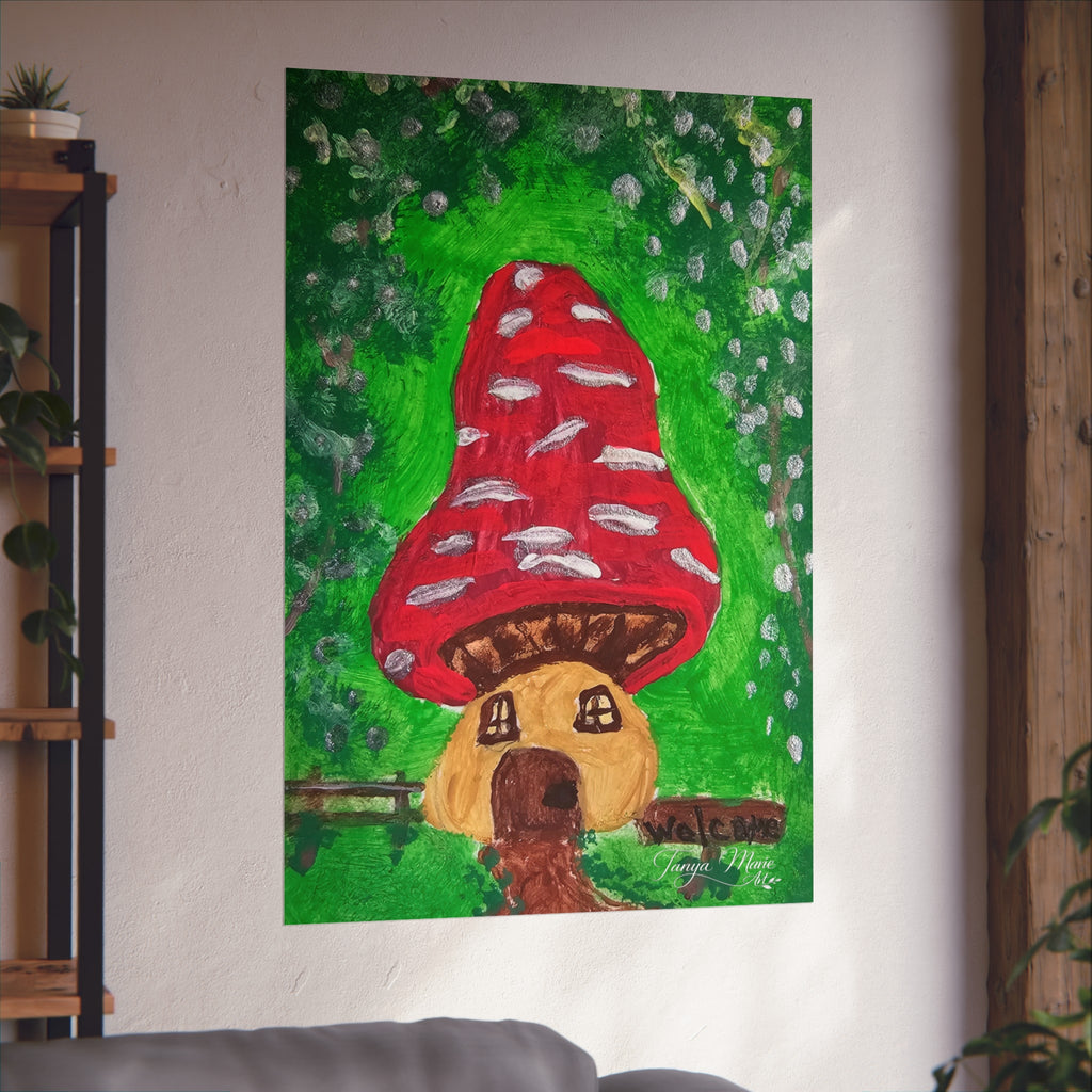 Whimsical fairy garden poster showing red mushroom cap house with green forest backdrop