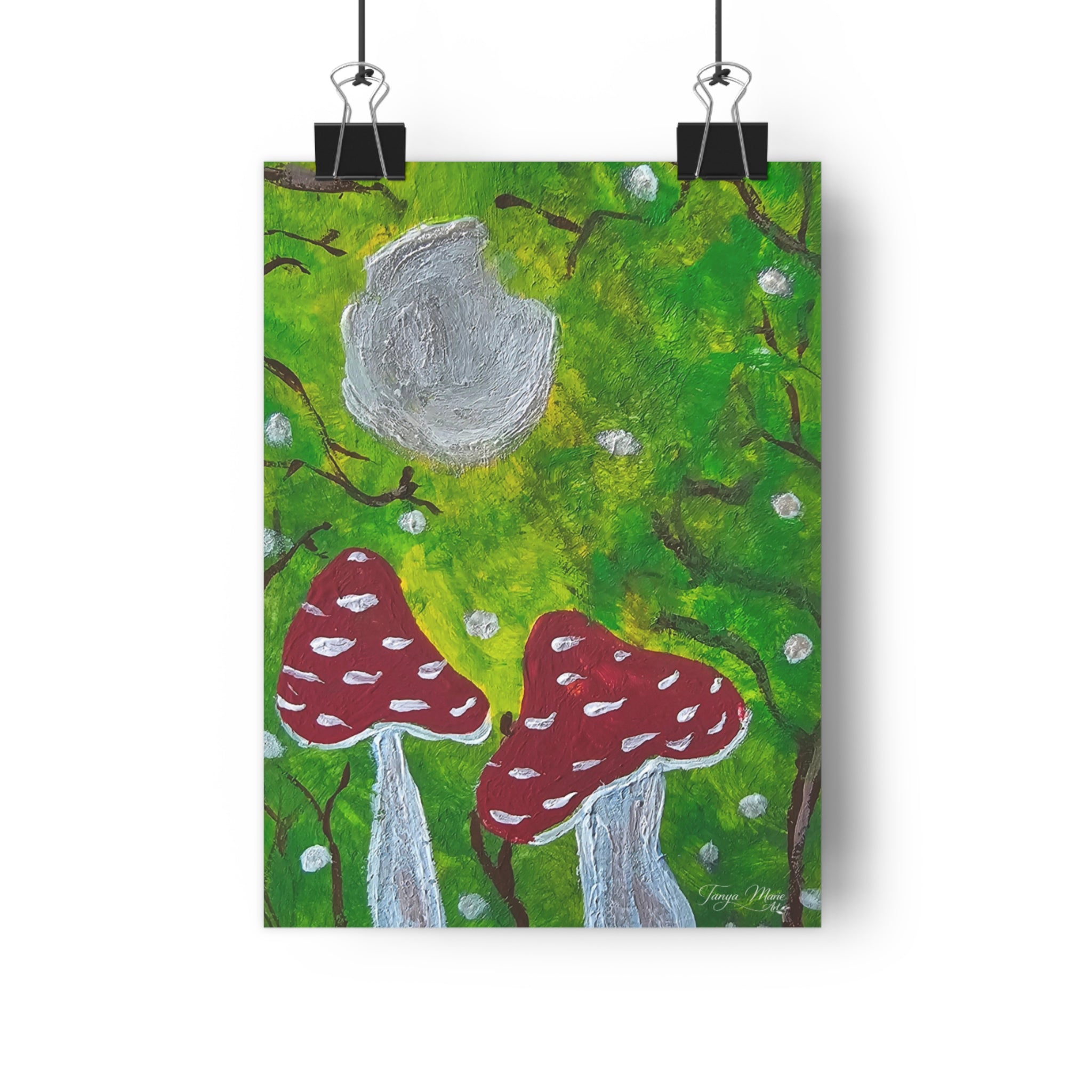 Giclée art print with red mushrooms, moon, and green forest scene