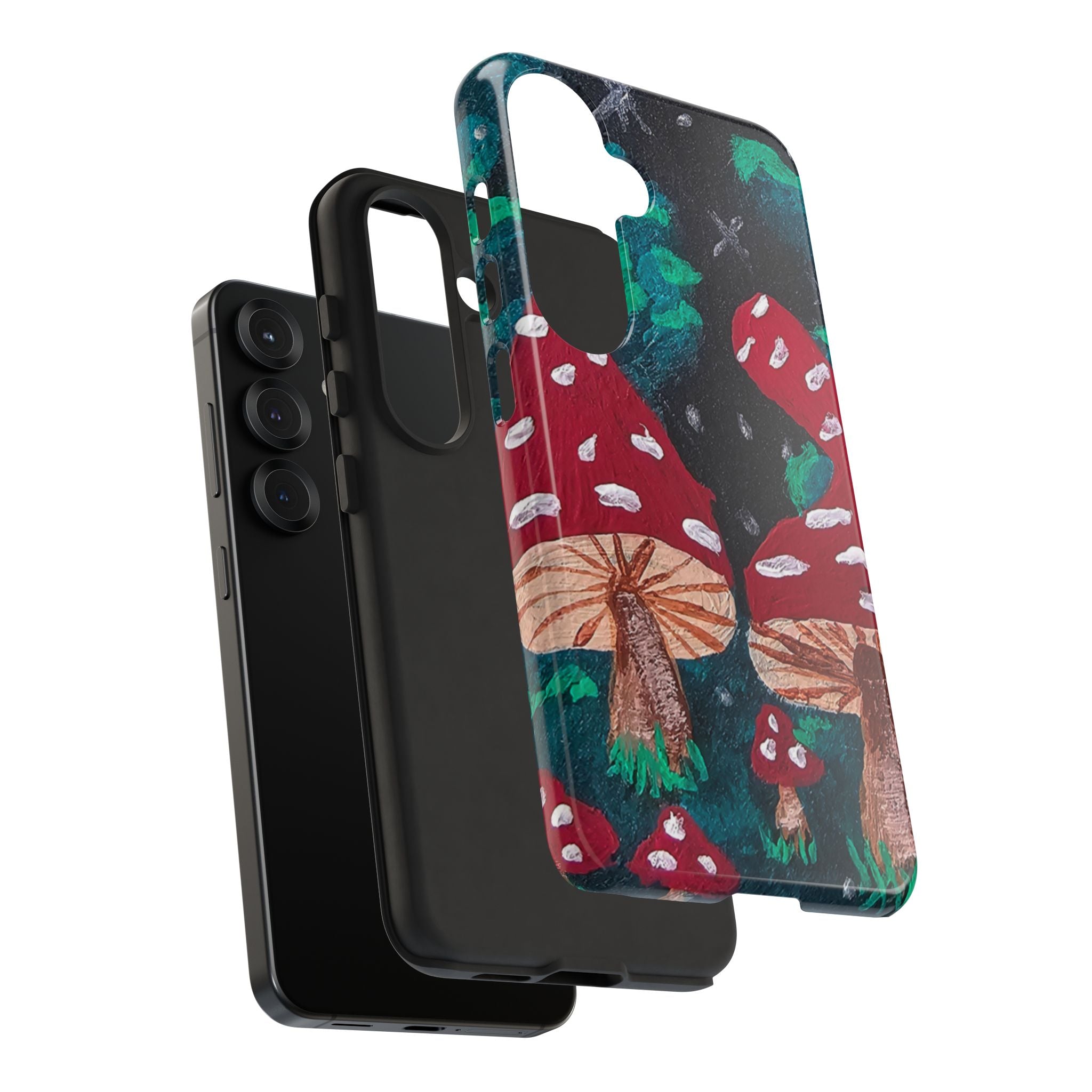 Tough phone case with mushroom forest print, red-green art panel and protective corners