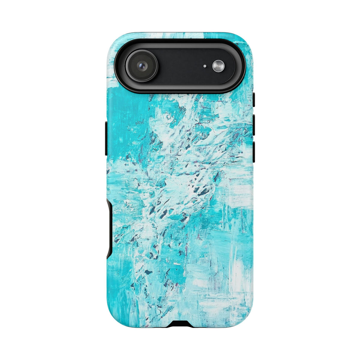Turquoise abstract marble tough phone case with wide camera window and side grip edges.