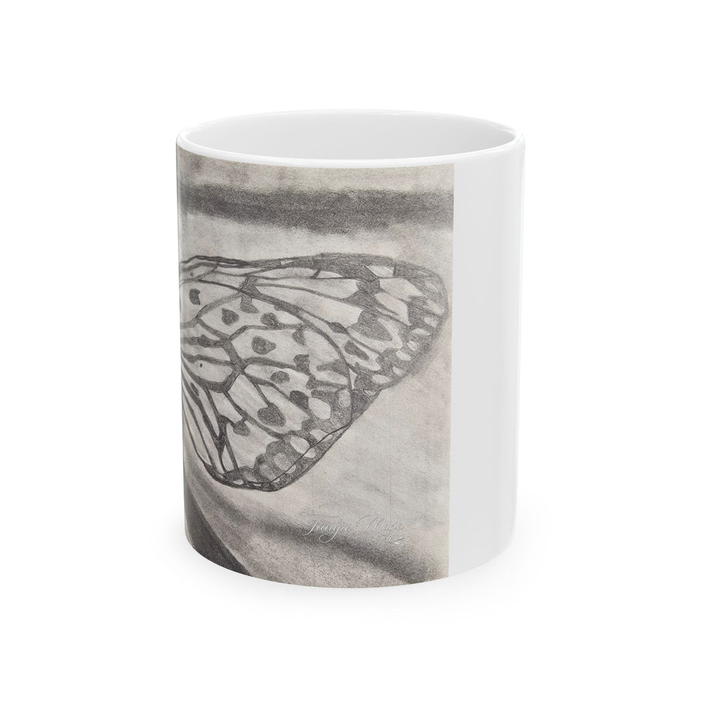 Butterfly Kisses - Butterfly Wing Sketch Ceramic Mug — Black & White Art Coffee Cup (11oz/15oz)