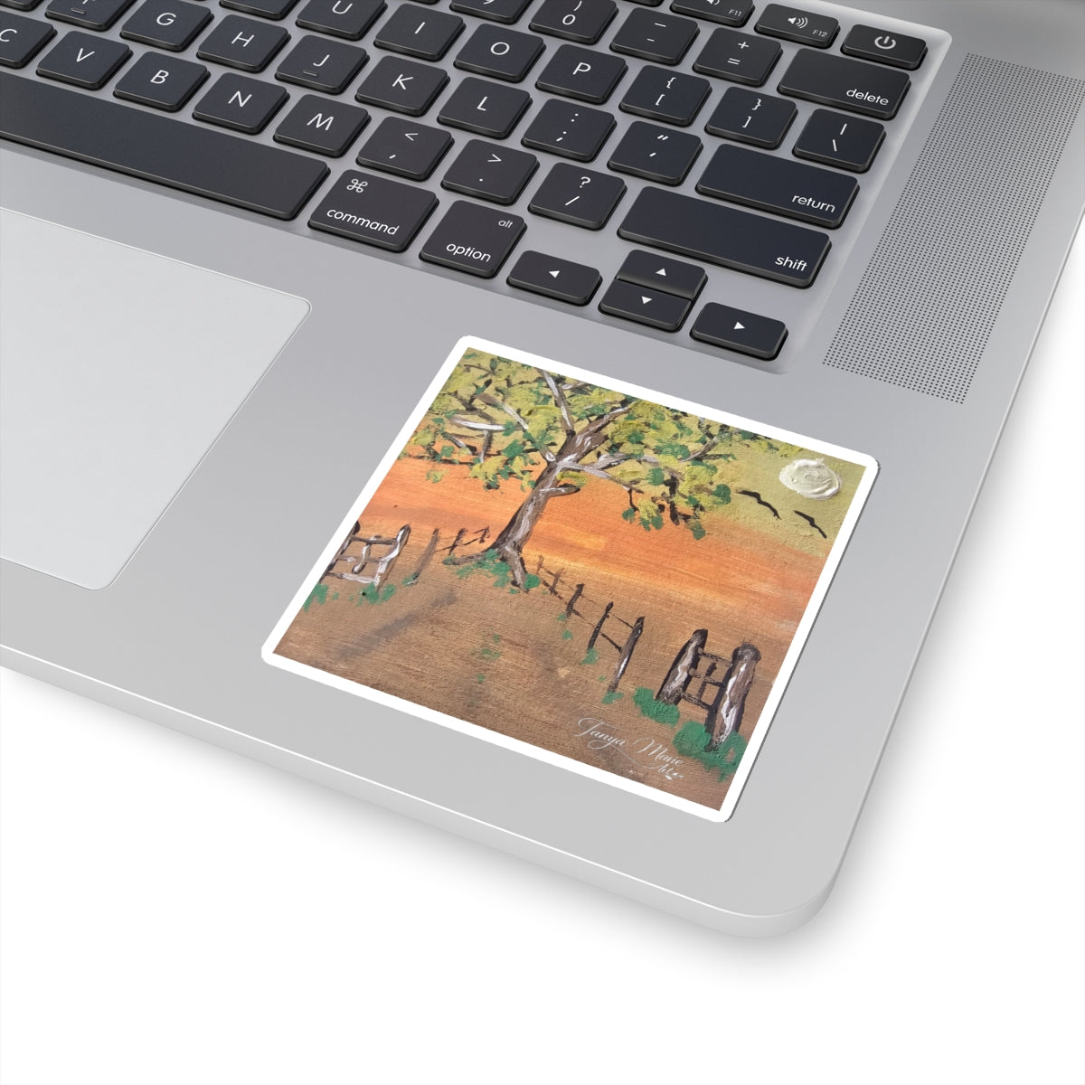 Countryside Sunset Sticker — Tree, Fence & Moon Kiss-Cut Art Sticker