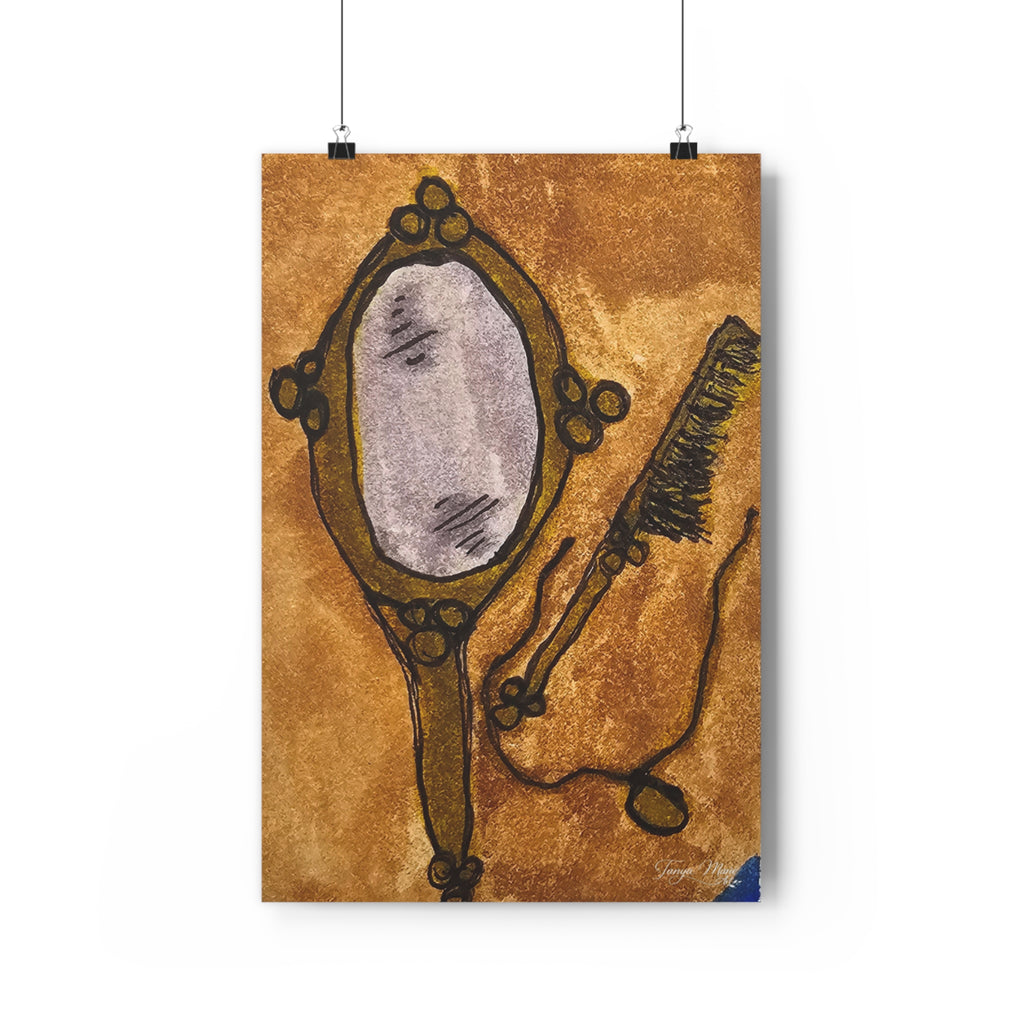 Vintage hand mirror and comb giclée art print on matte paper