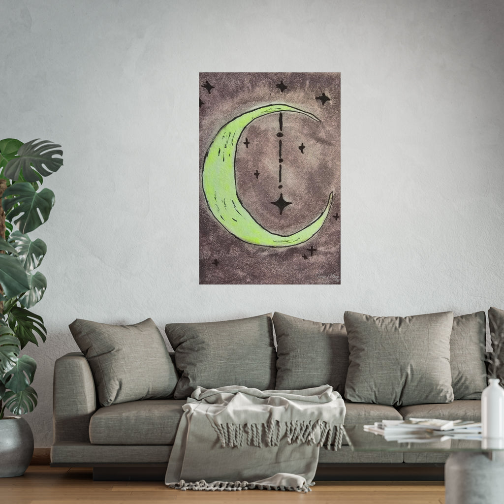 Neon crescent moon art poster with glowing green moon and scattered star symbols