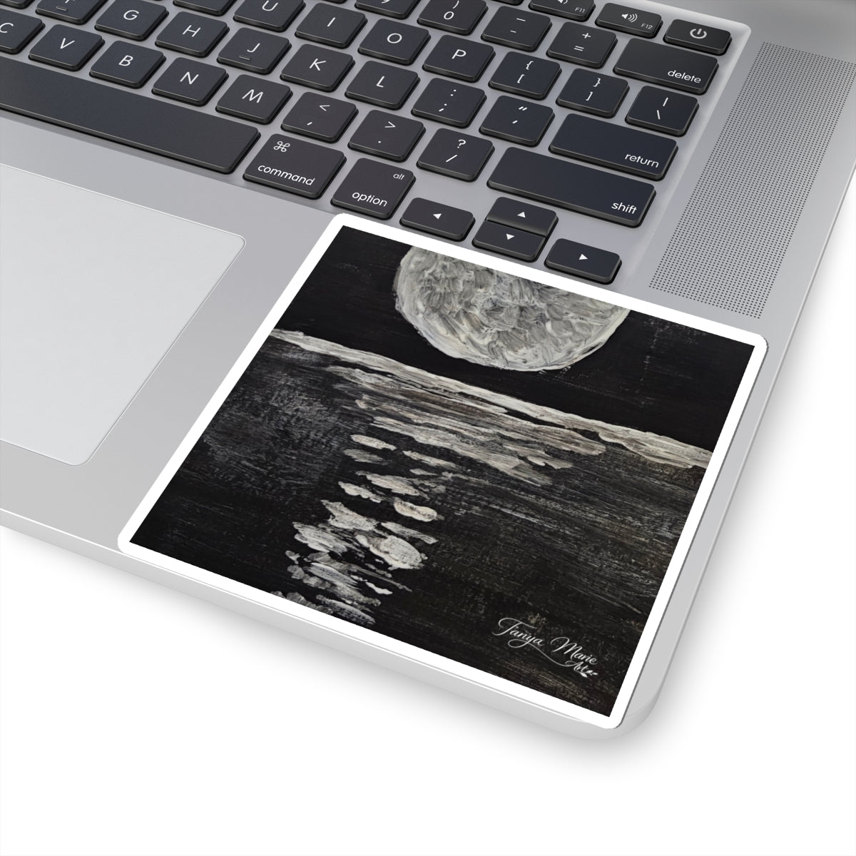 Moonlight Reflection Kiss-Cut Sticker — Black & White Moon Ocean Art Sticker