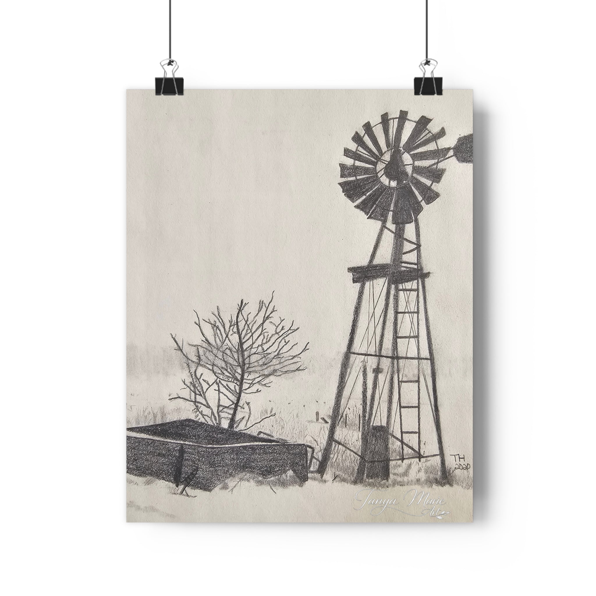 Windmill Farm Giclée Art Print — Vintage Rural Landscape Wall Art