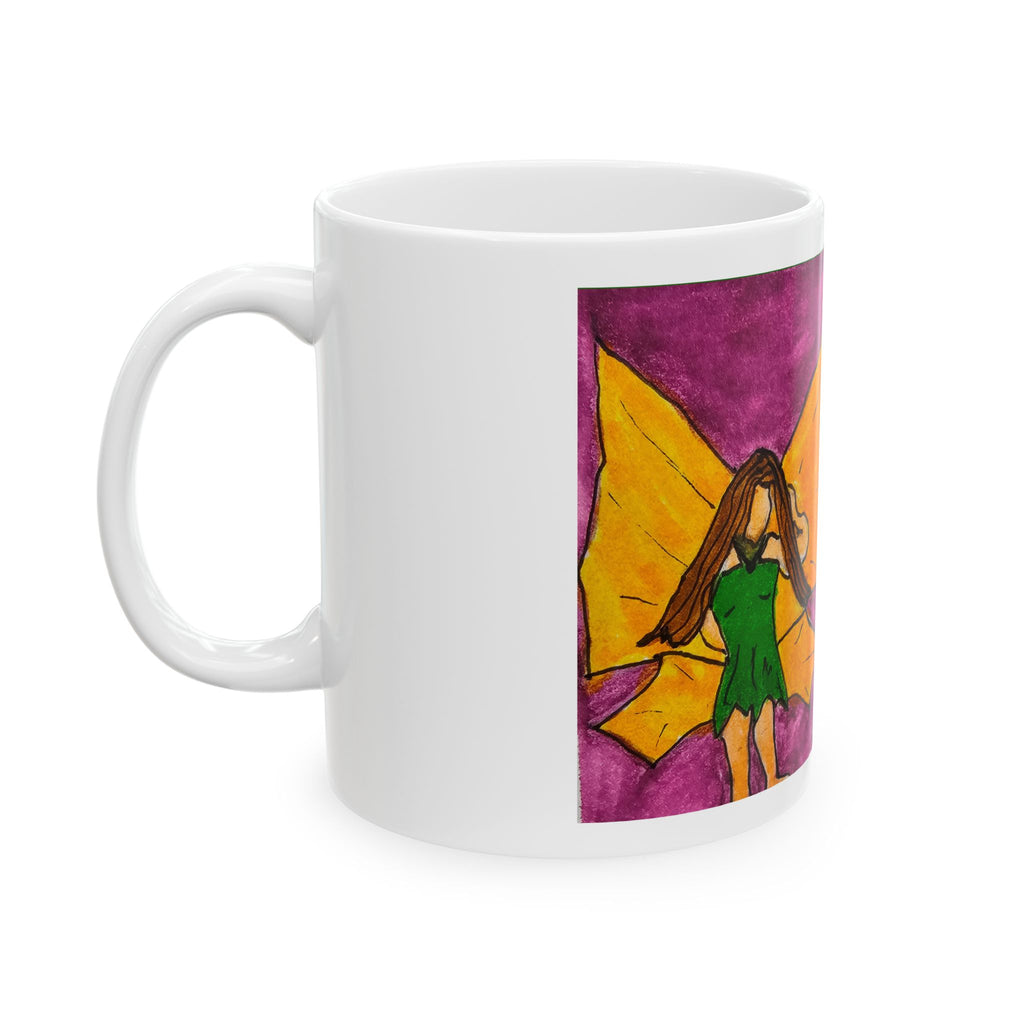 White ceramic mug with handle, featuring a close-up watercolor fairy wing artwork panel.