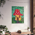 Fine art poster of a mushroom cottage with red polka-dot cap and yellow house amid green swirls