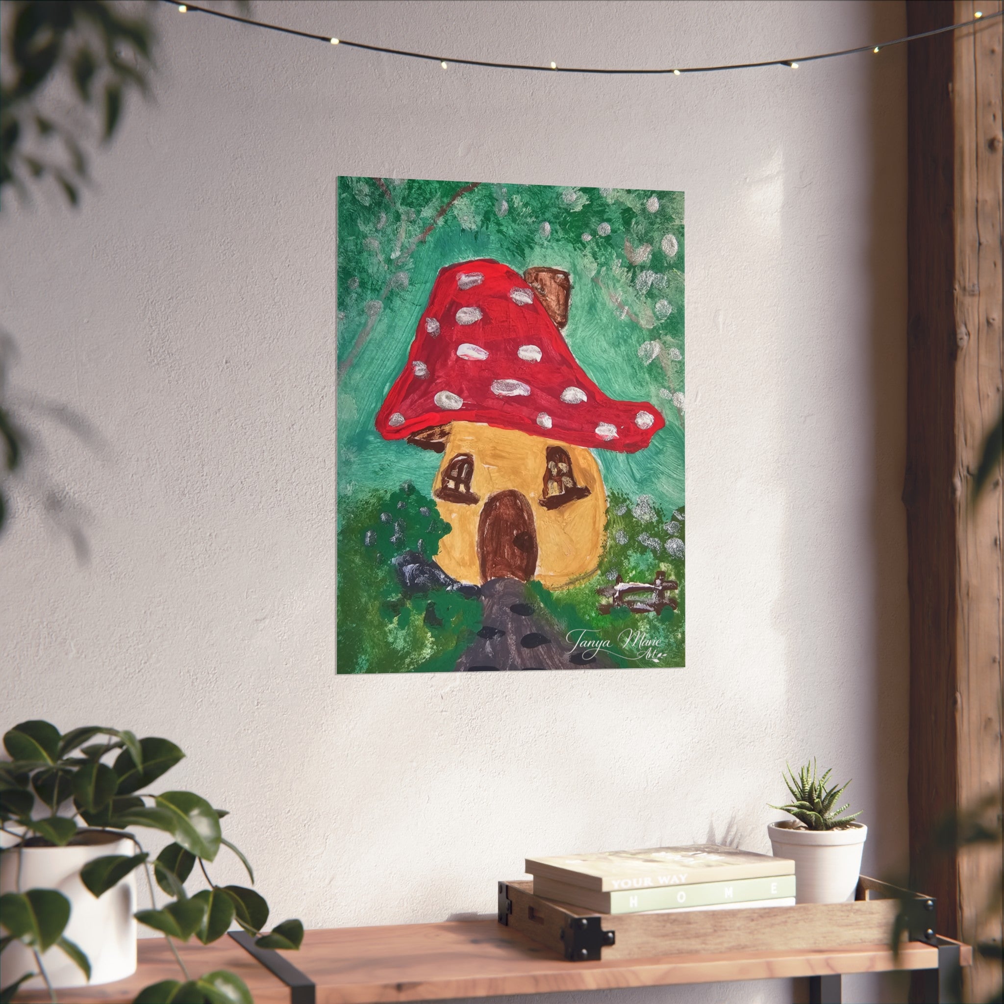 Fine art poster of a mushroom cottage with red polka-dot cap and yellow house amid green swirls