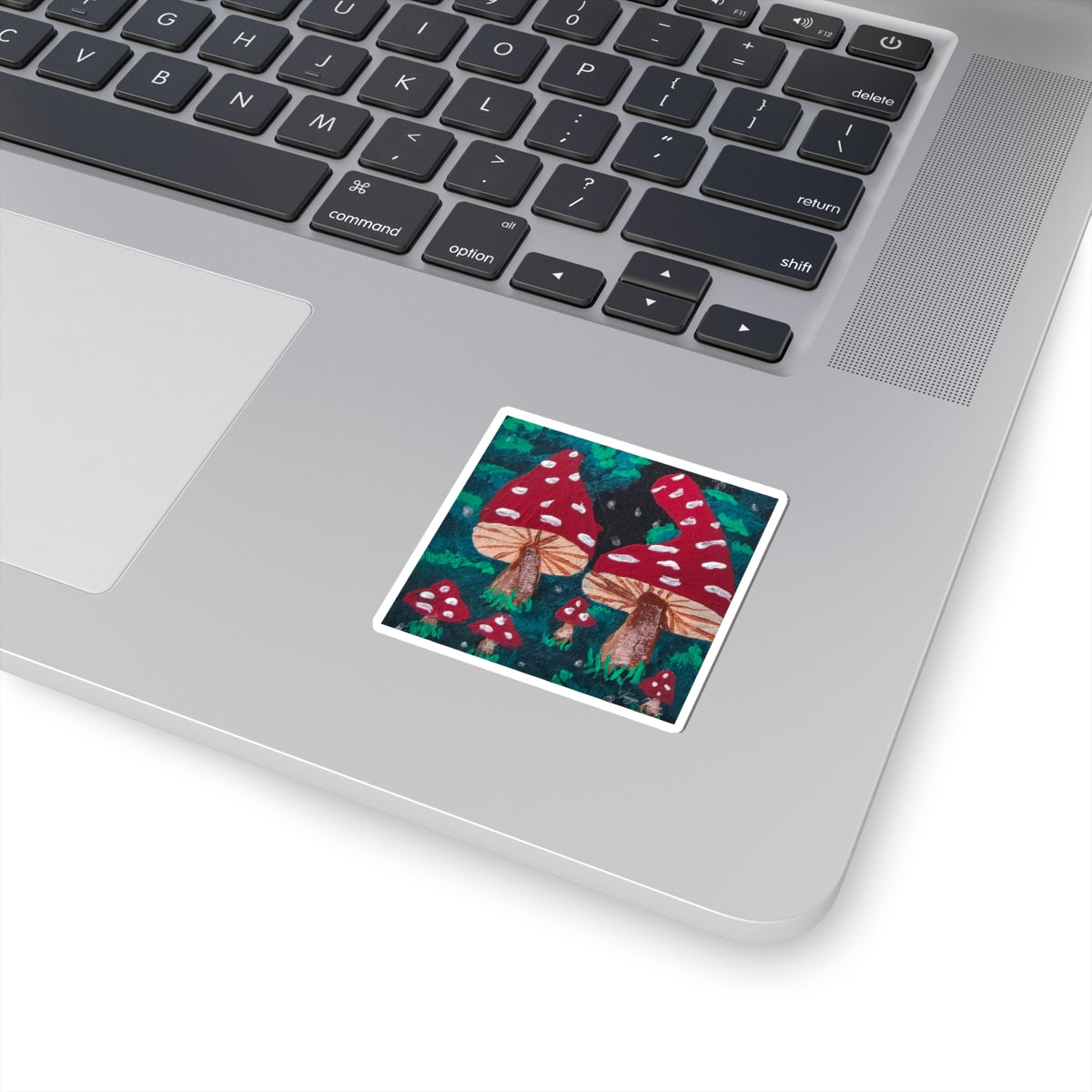 Square kiss-cut sticker with red-and-white spotted mushrooms forest art design