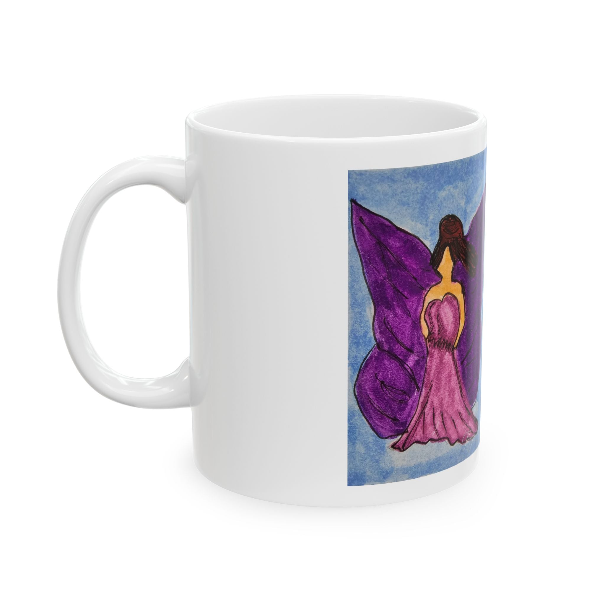 White ceramic mug with purple fairy artwork panel near the handle