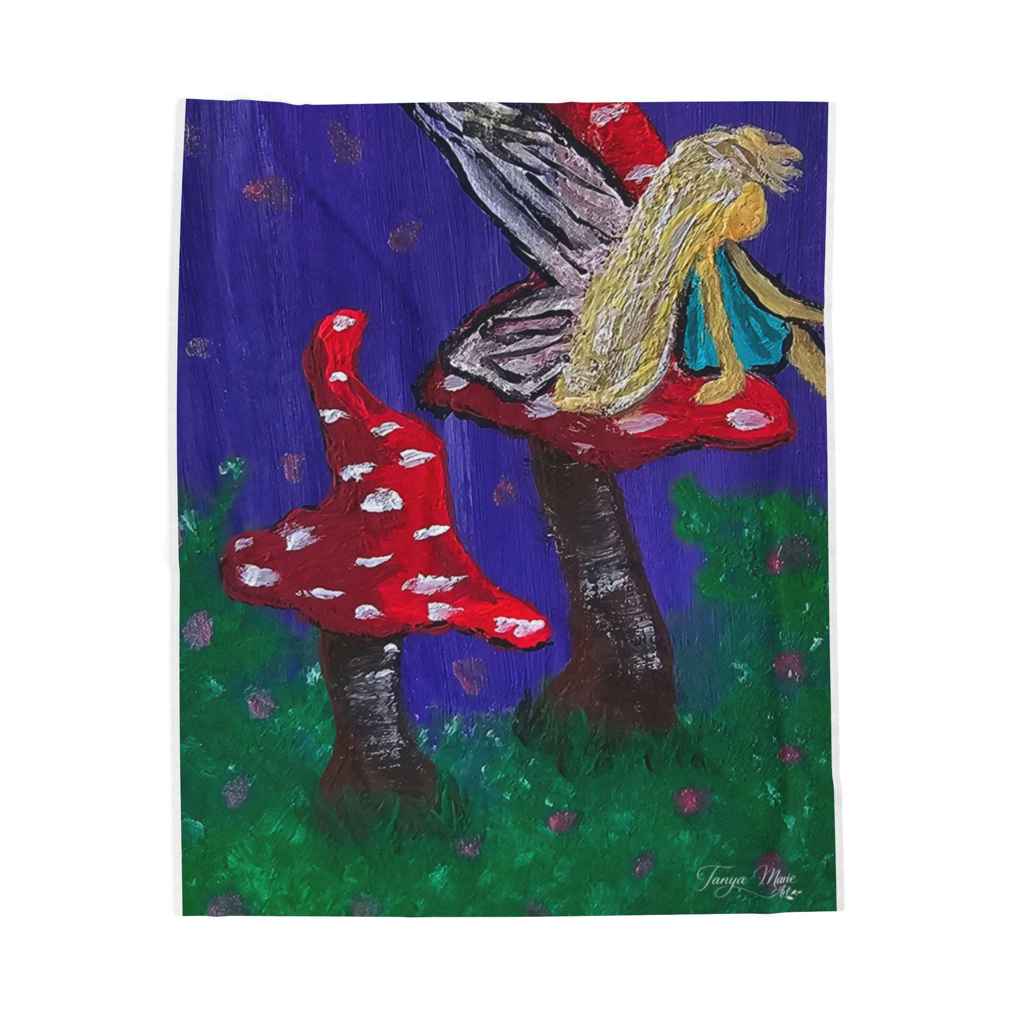 Velveteen blanket plush throw artwork featuring fairy near red toadstools on blue