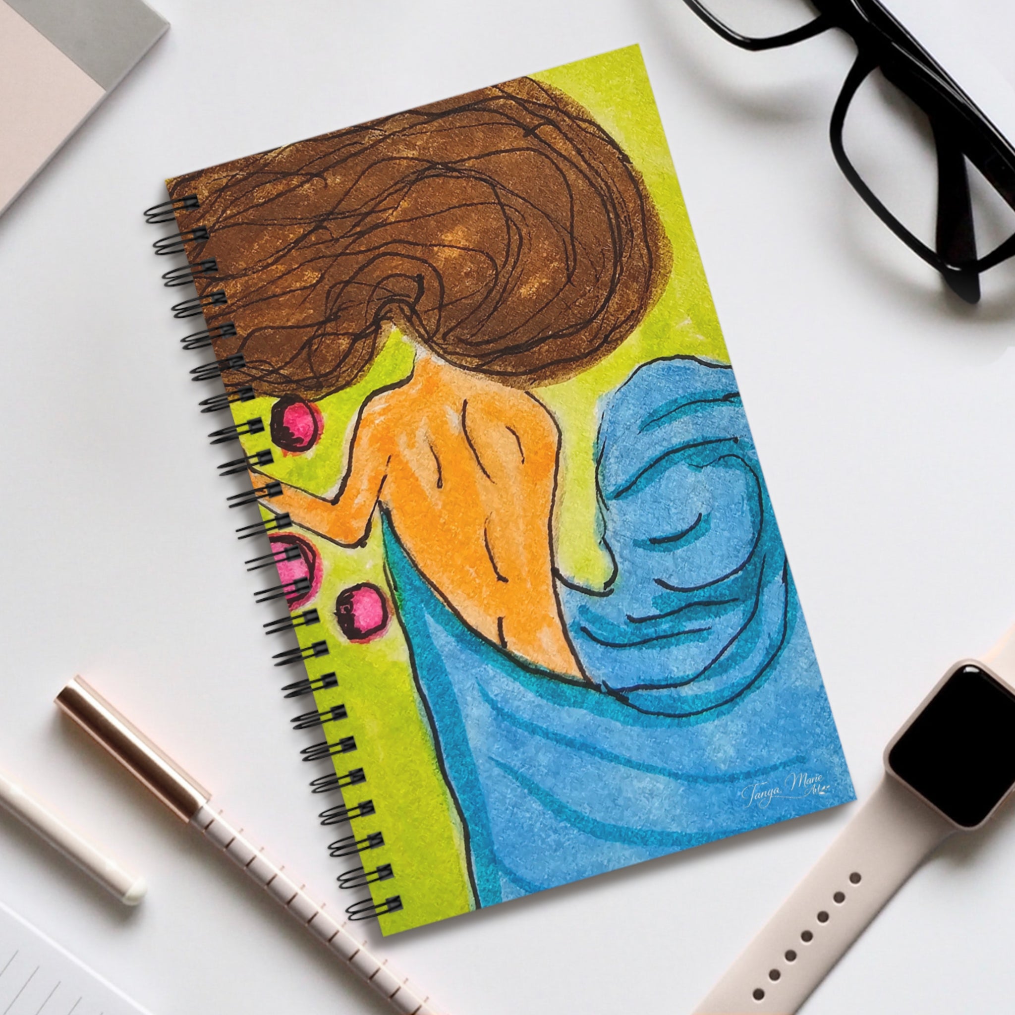 Spiral journal with fantasy watercolor cover, woman portrait with brown hair, blue waves, green panel
