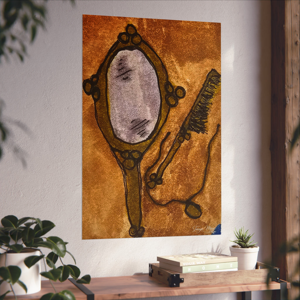 Wall art poster showing vintage hand mirror and comb illustration in warm brown with dark outlines