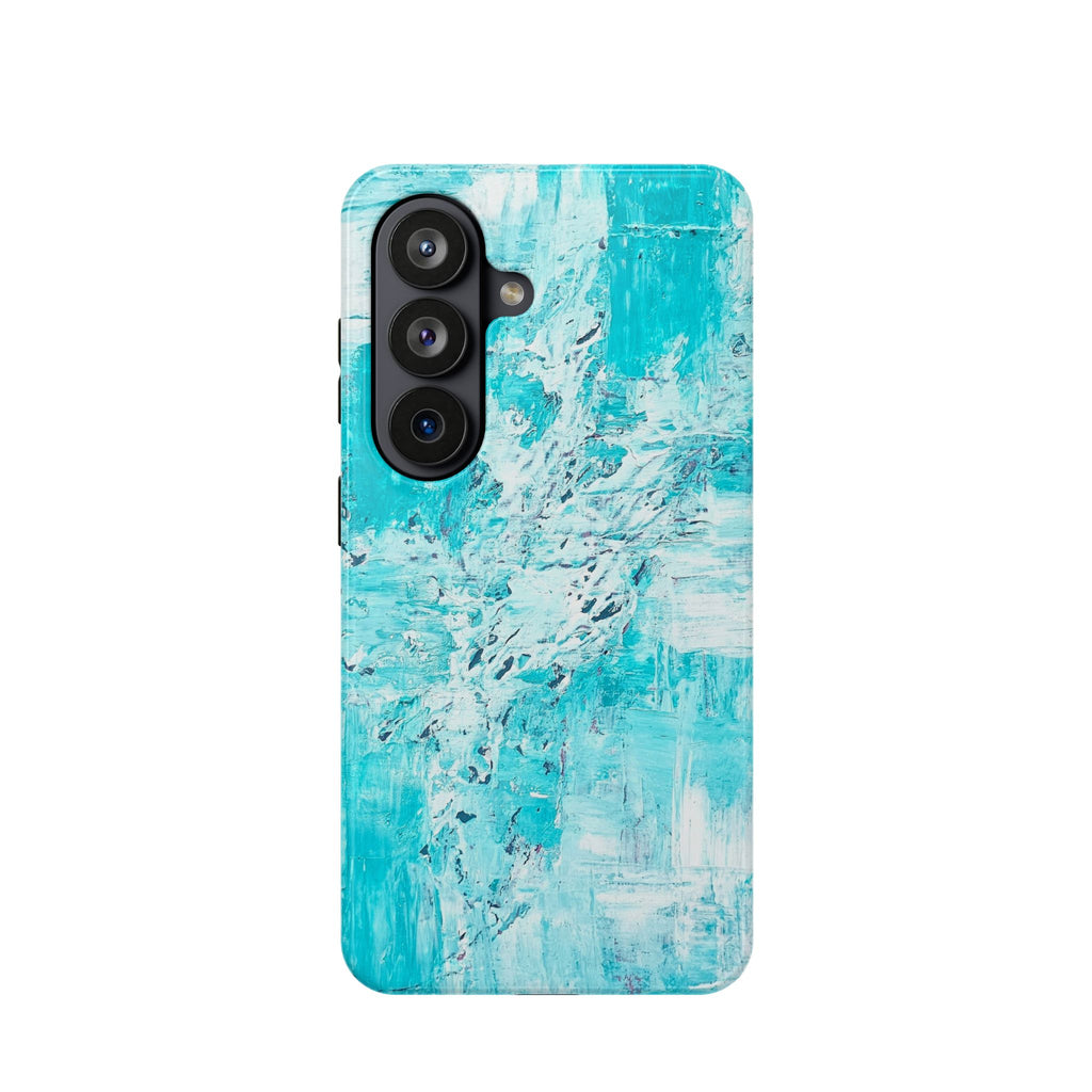 Turquoise abstract phone case with vertical triple camera cutouts and side slot.