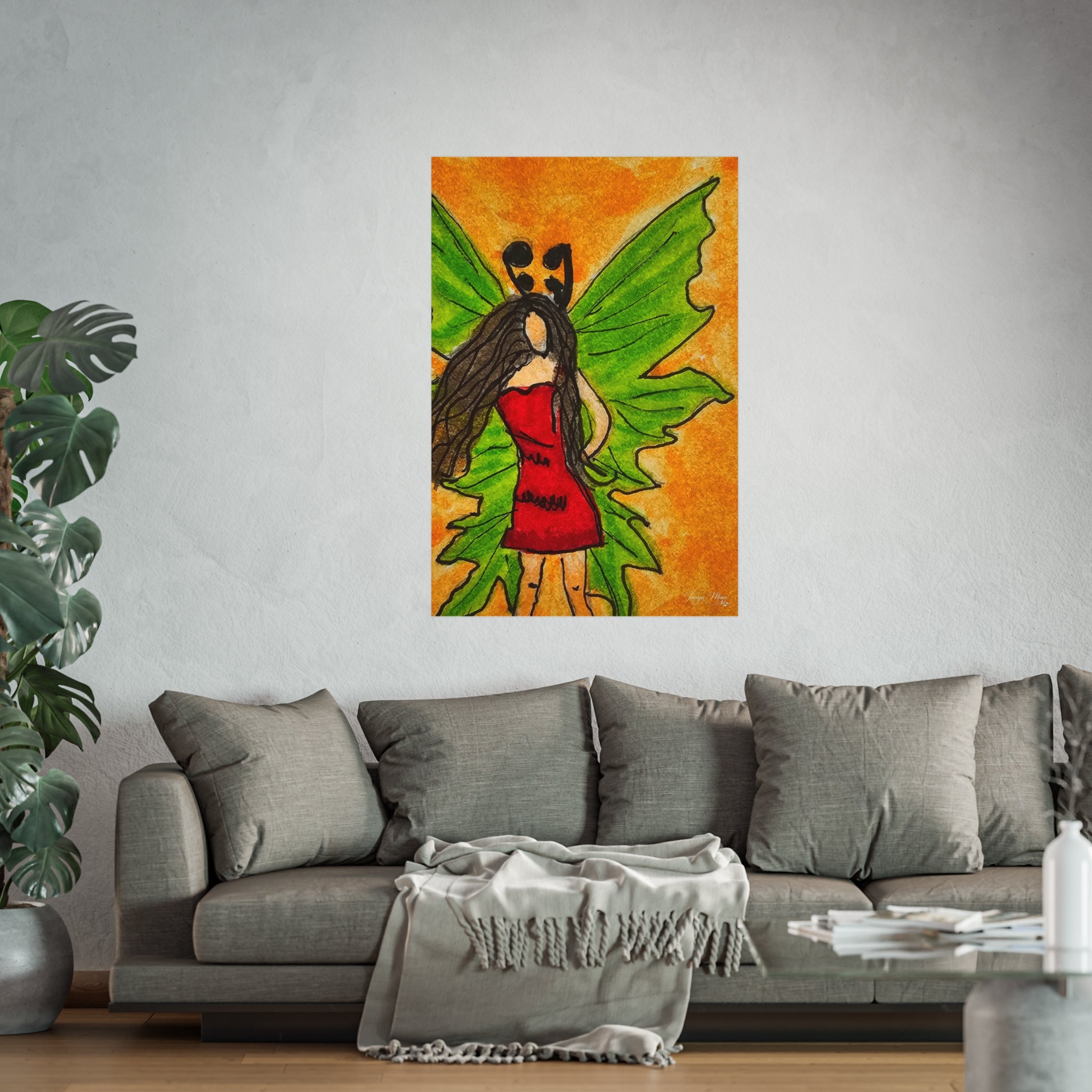 Fairy art poster with red dress and green wings, framed wall art print