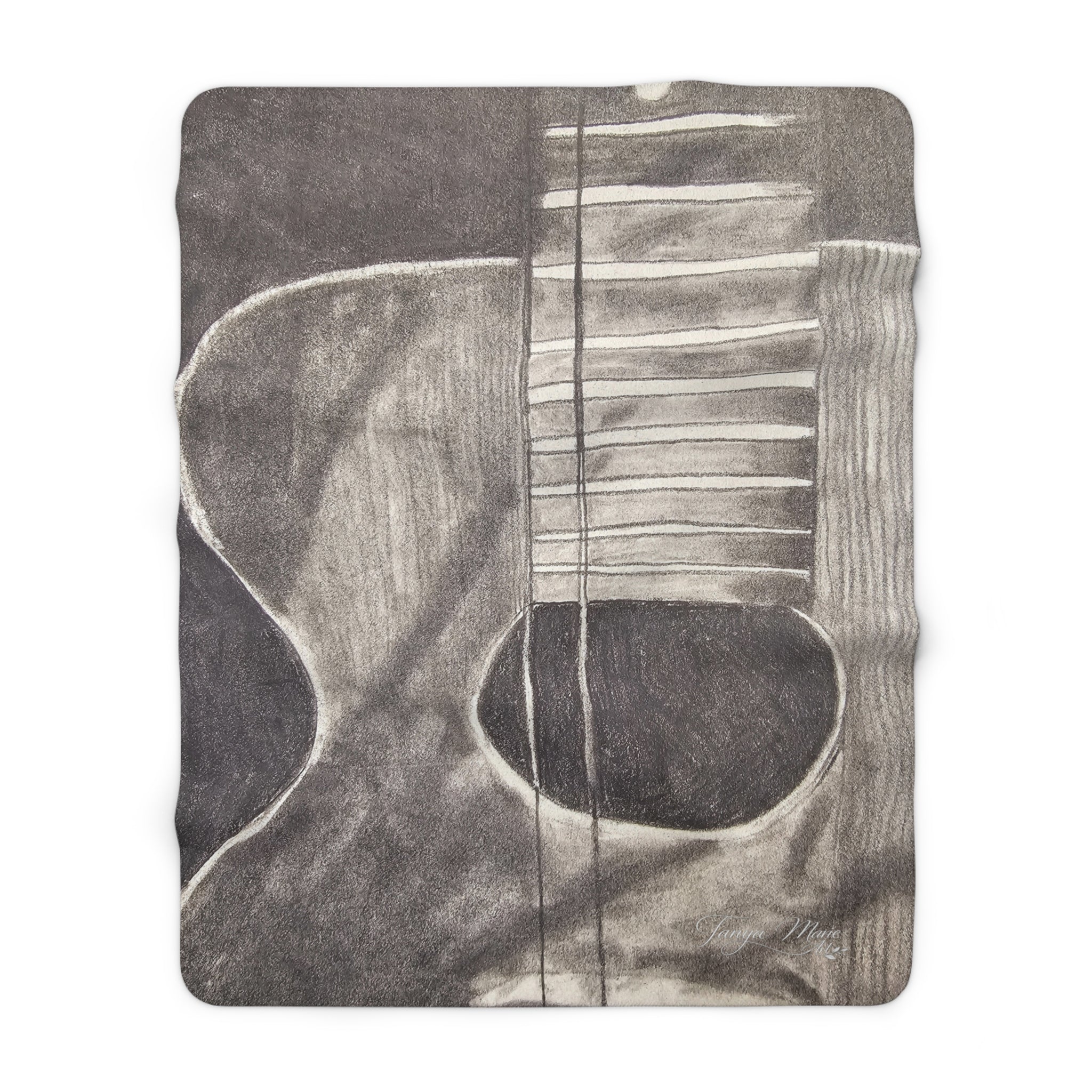 Sherpa-style blanket, square view of gray acoustic guitar graphic with strings and sound hole