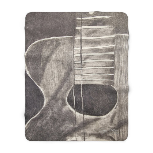 Sherpa-style blanket, square view of gray acoustic guitar graphic with strings and sound hole