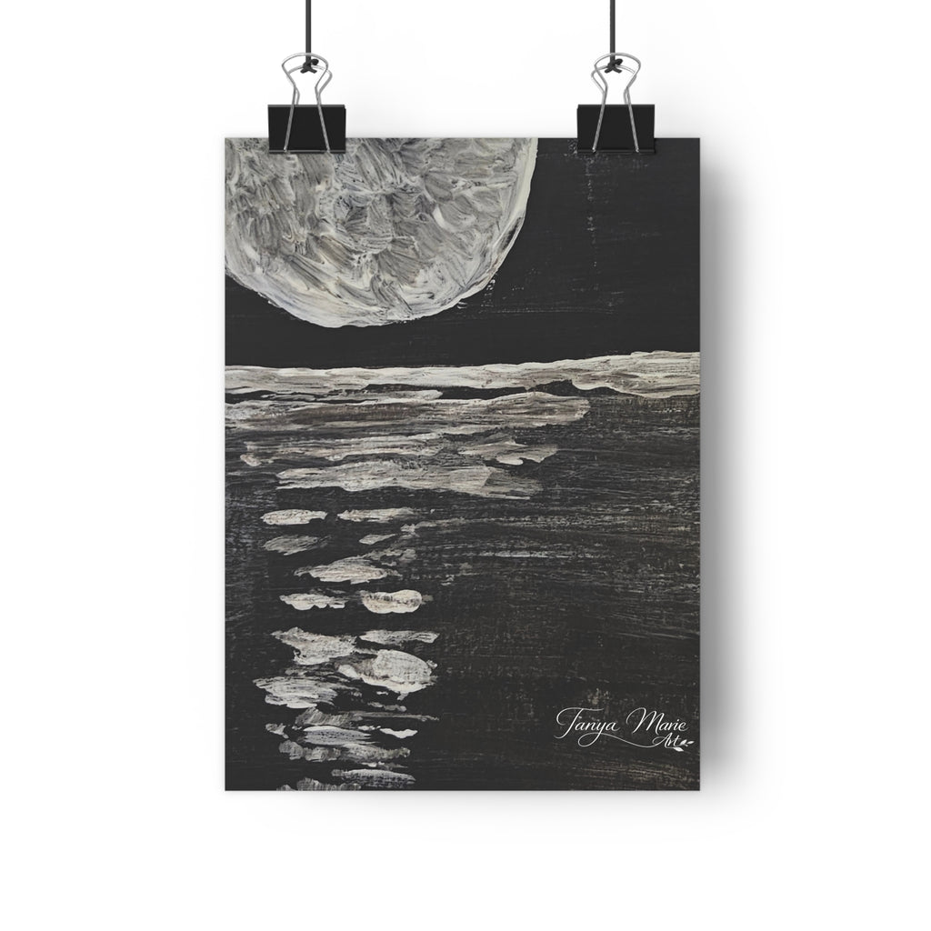 Moonlight Reflection Giclée Art Print — Monochrome Lunar Seascape