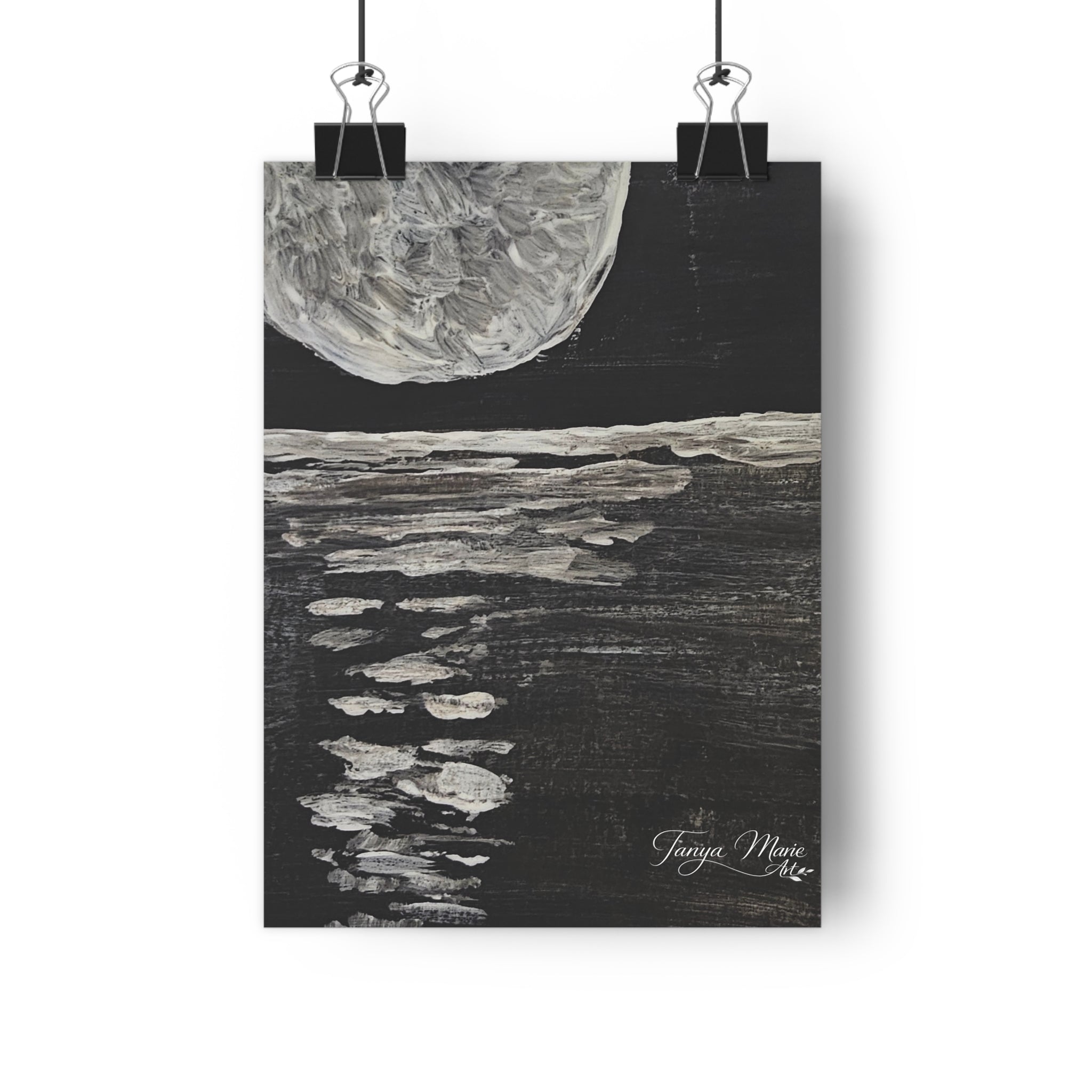Moonlight Reflection Giclée Art Print — Monochrome Lunar Seascape