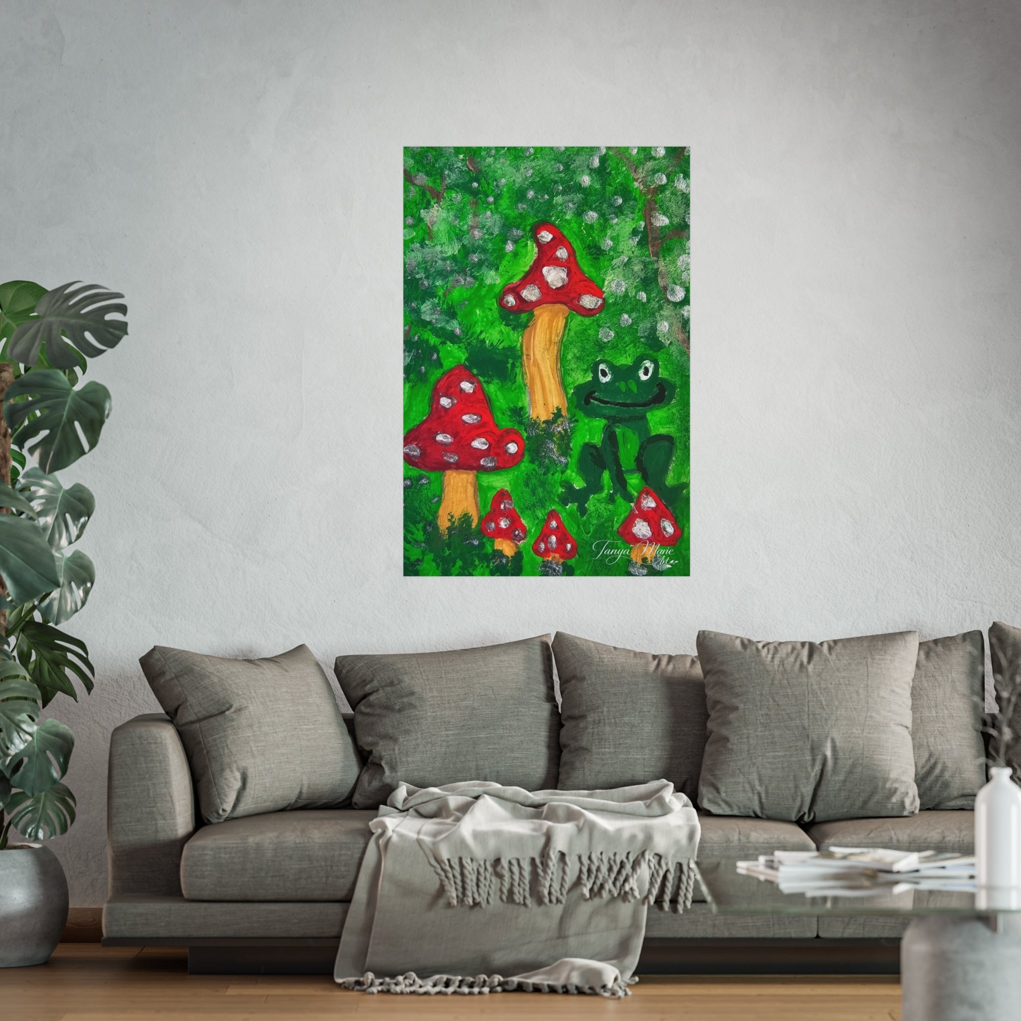 Forest mushroom wall poster with red toadstools, green frog, and scattered white dots