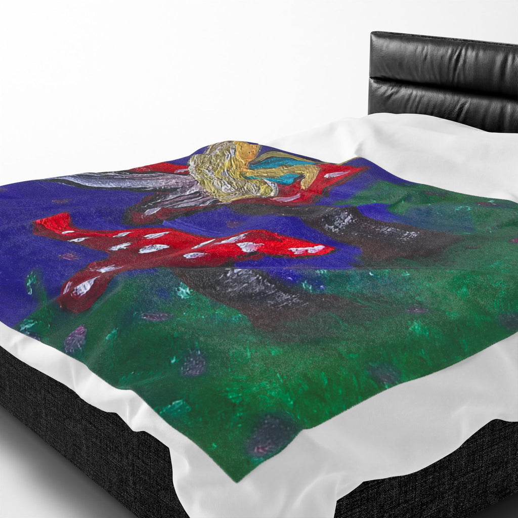 Plush velveteen blanket close-up of fairy figure and red toadstool details