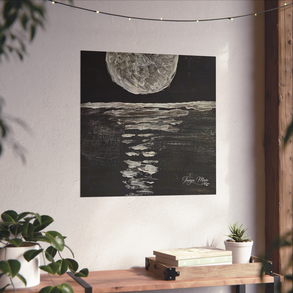 Moonlit Ocean — Black & White Lunar Seascape Digital Art Print Download