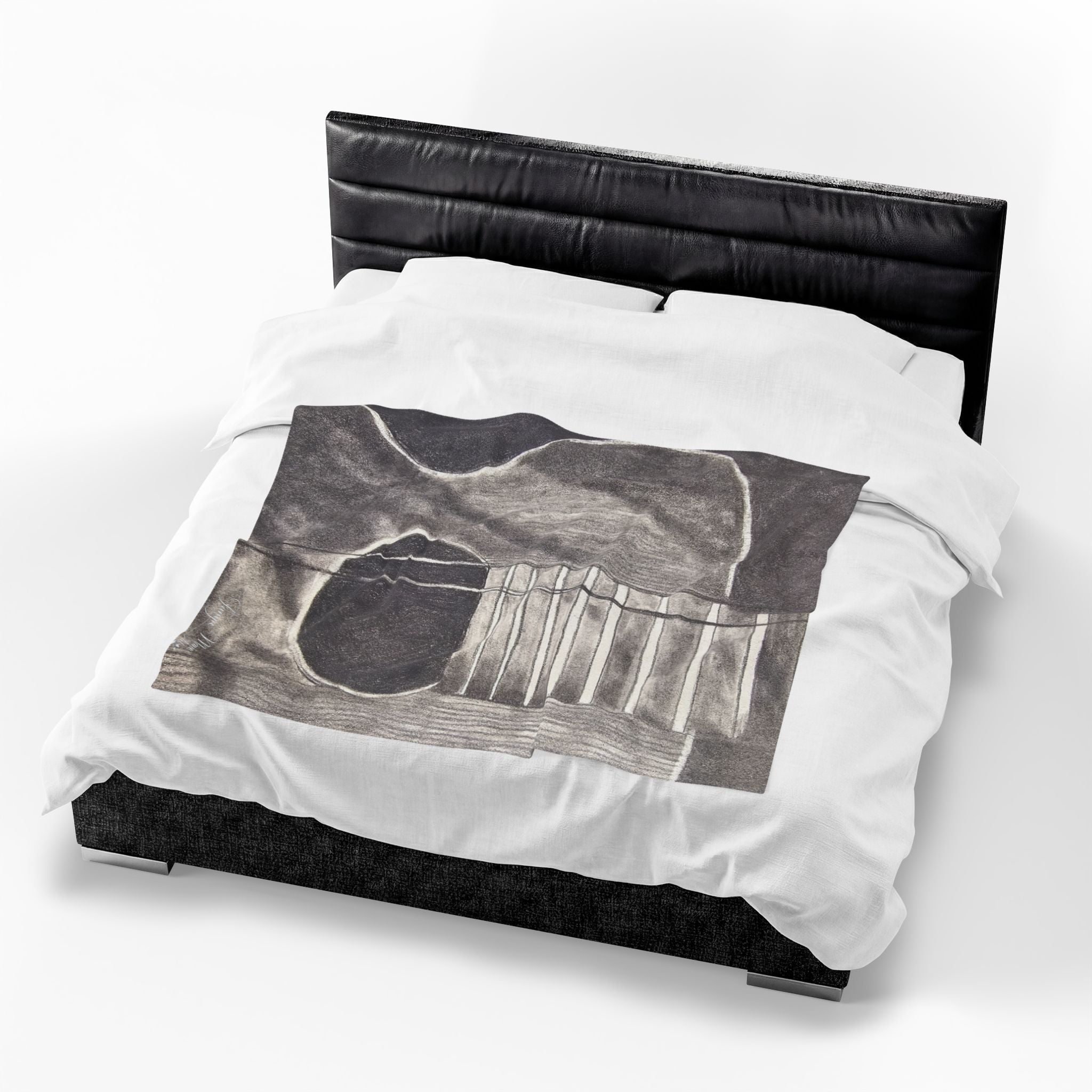 Velveteen plush blanket on bed, gray guitar sketch with detailed white-lined strings
