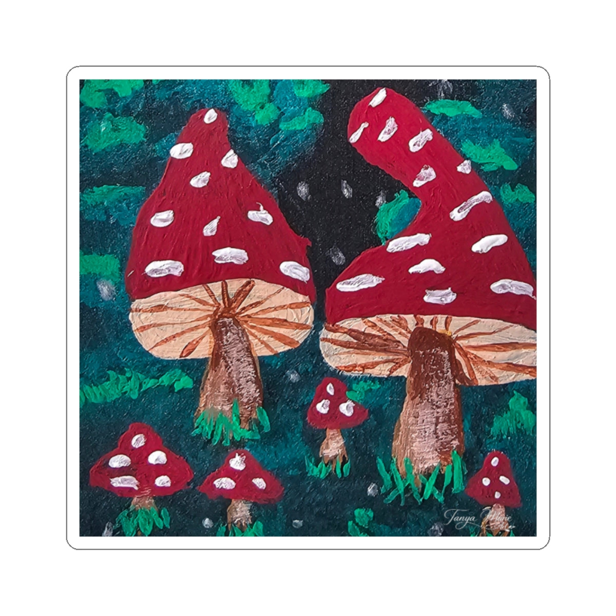 Kiss-cut sticker featuring two large red mushrooms with white spots and small fungi