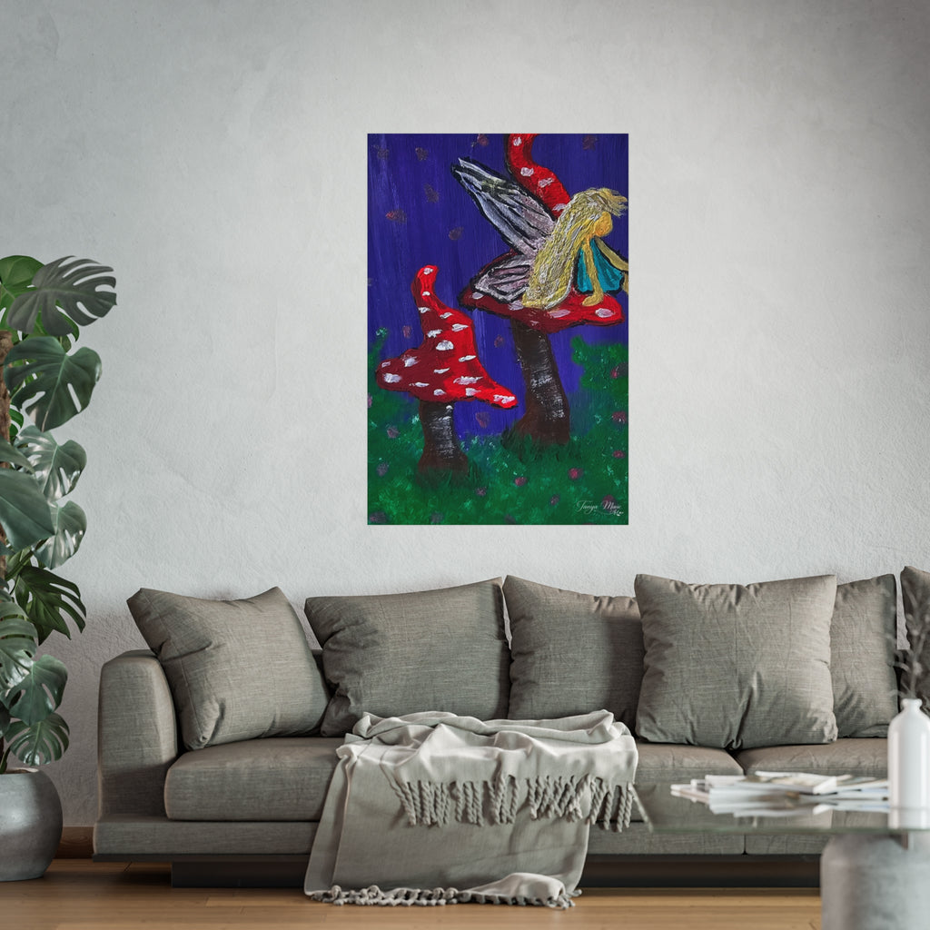 Vertical fairy on toadstool fine art poster with blue, red mushrooms, and green ground