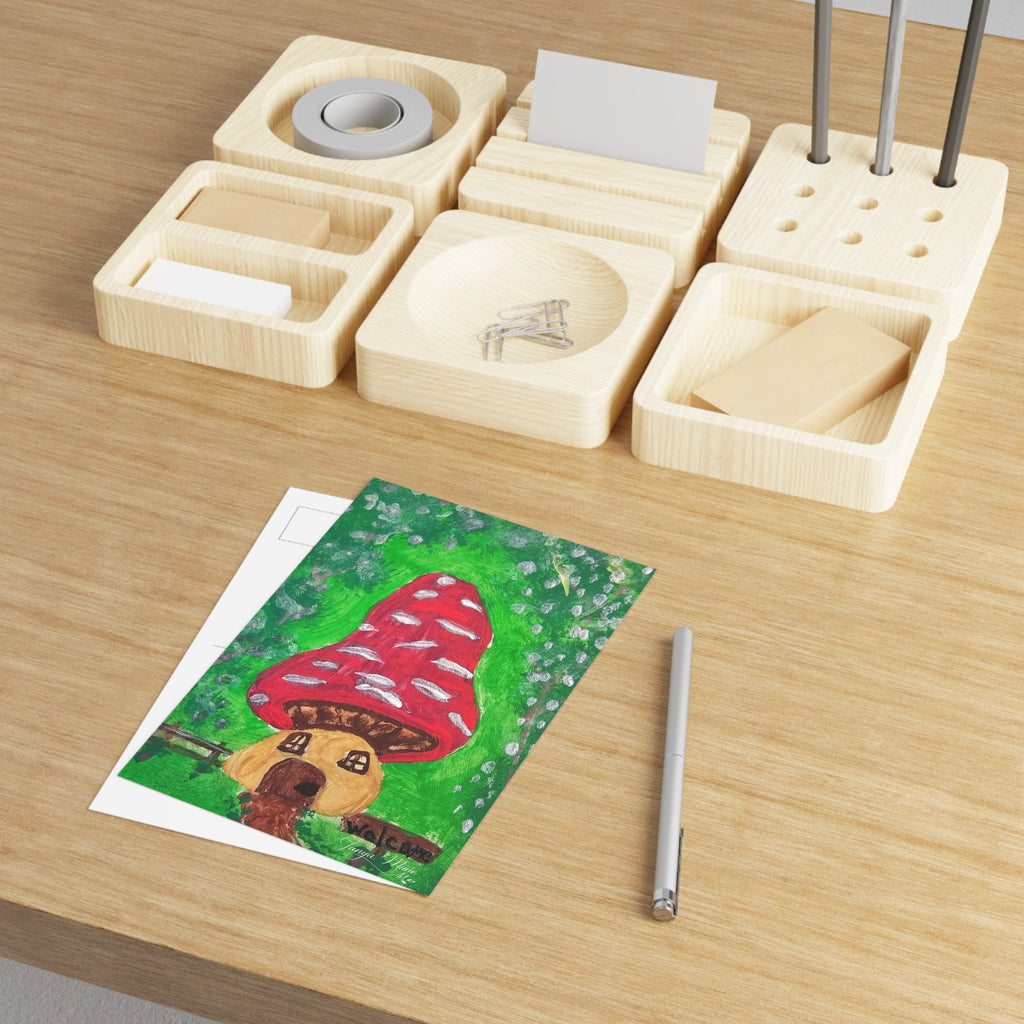 Whimsical mushroom postcard with red spotted toadstool and brown dog illustration on green