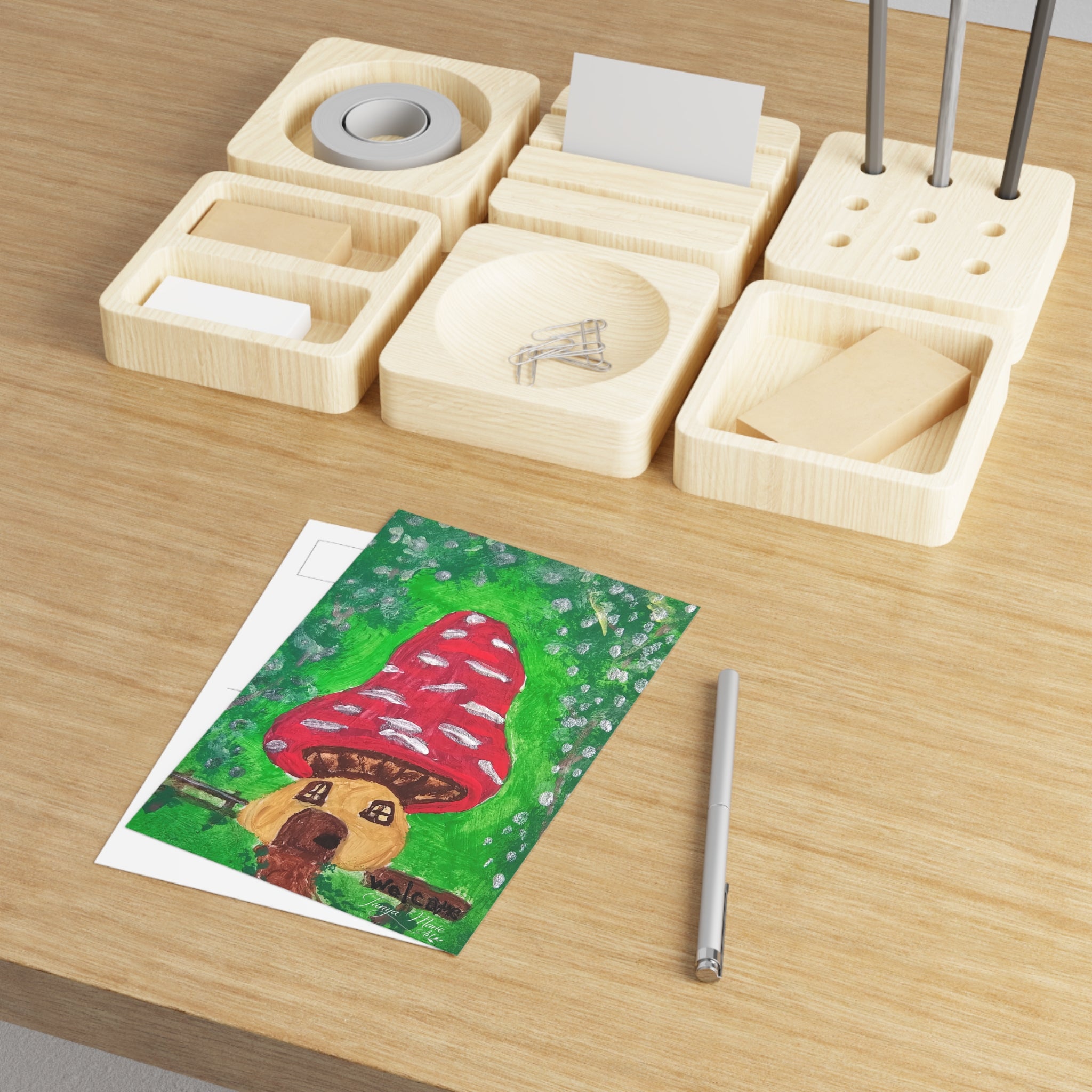 Whimsical mushroom postcard with red spotted toadstool and brown dog illustration on green