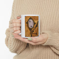 Ceramic coffee mug with vanity mirror artwork, held in two hands