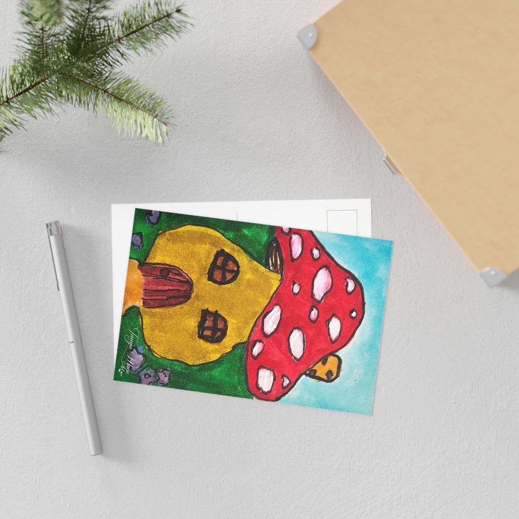 Mushroom cottage illustration postcard with red spotted mushroom on blue sky