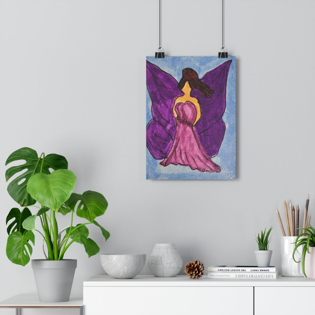 Giclée art print of a fairy woman with purple wings and a pink dress