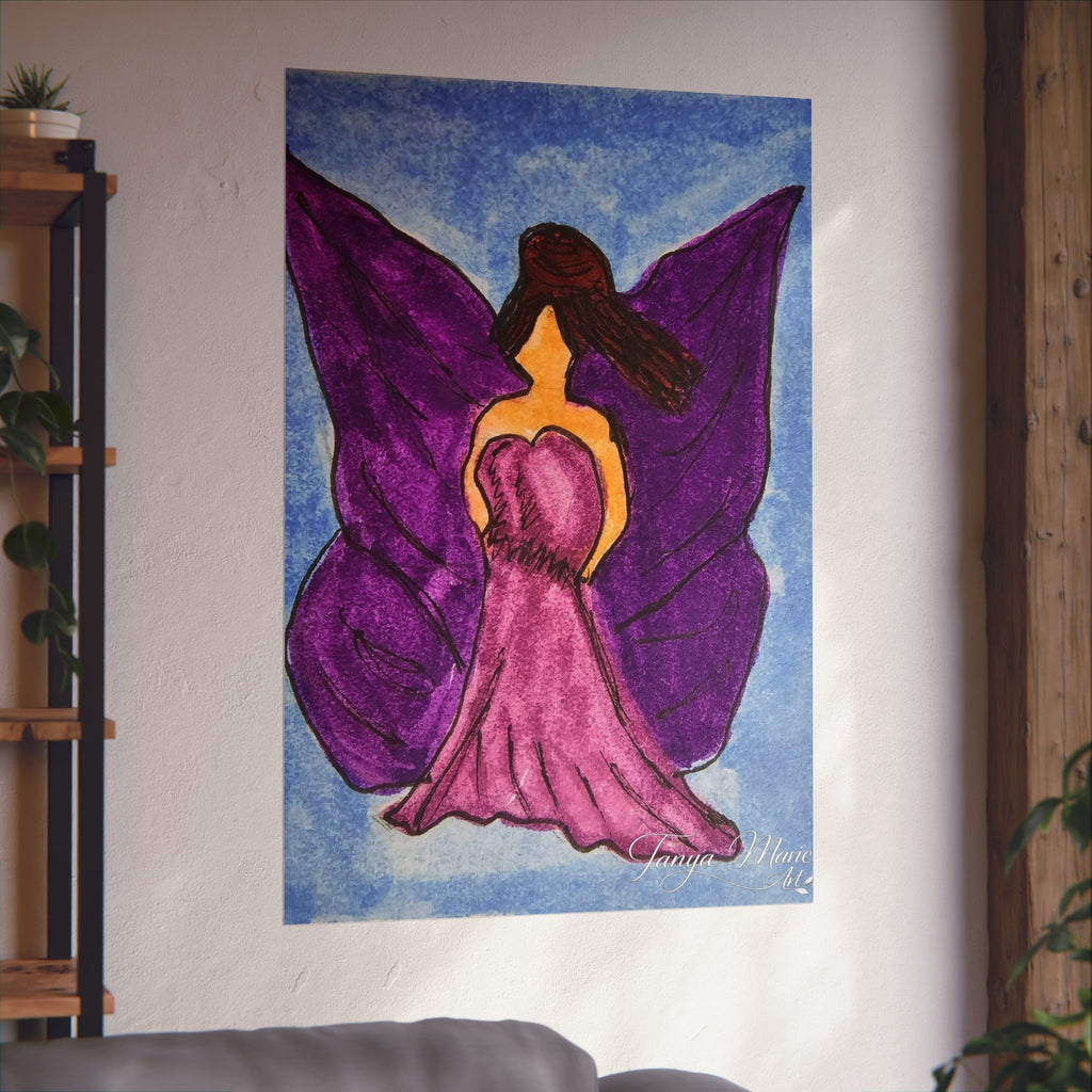 Purple winged fairy poster, pink dress centered with blue sky background and texture