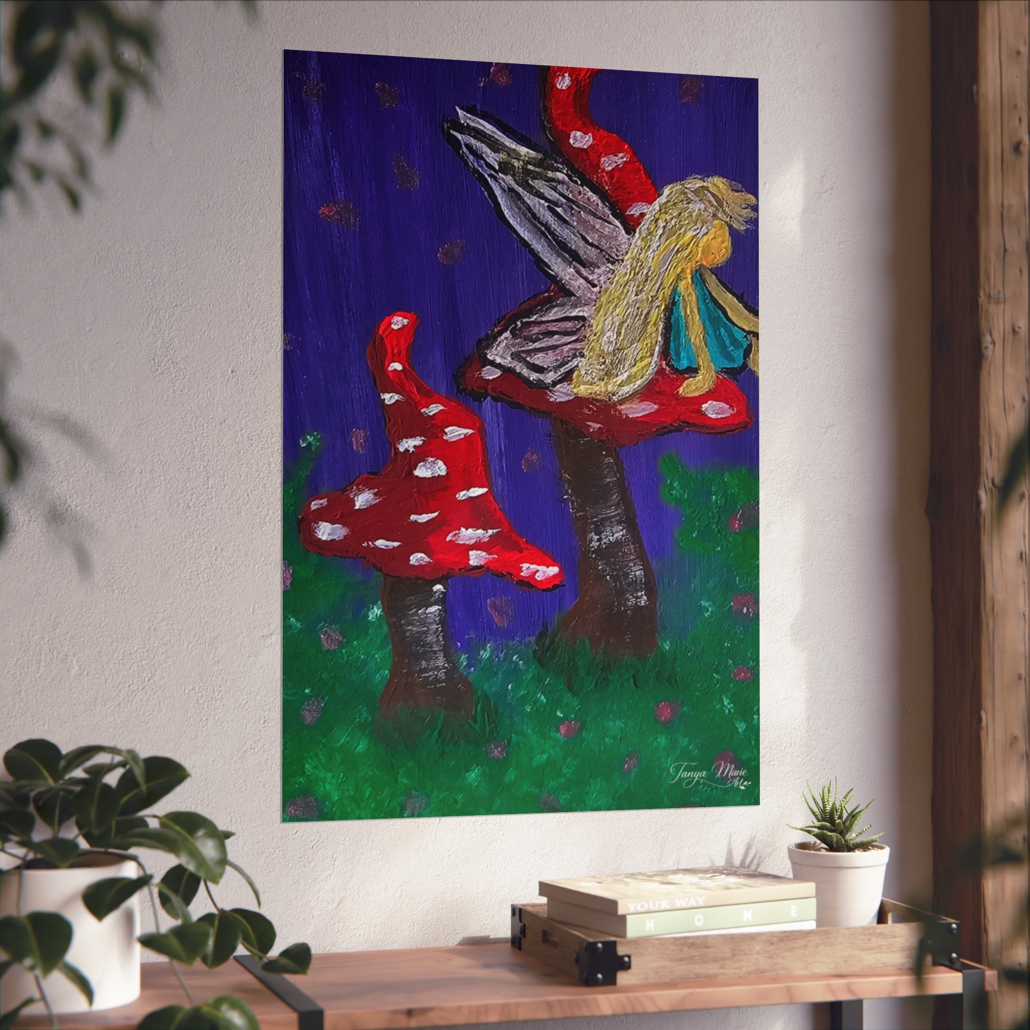 Matte fine art poster: blonde fairy among red spotted mushrooms with green ground and blue sky
