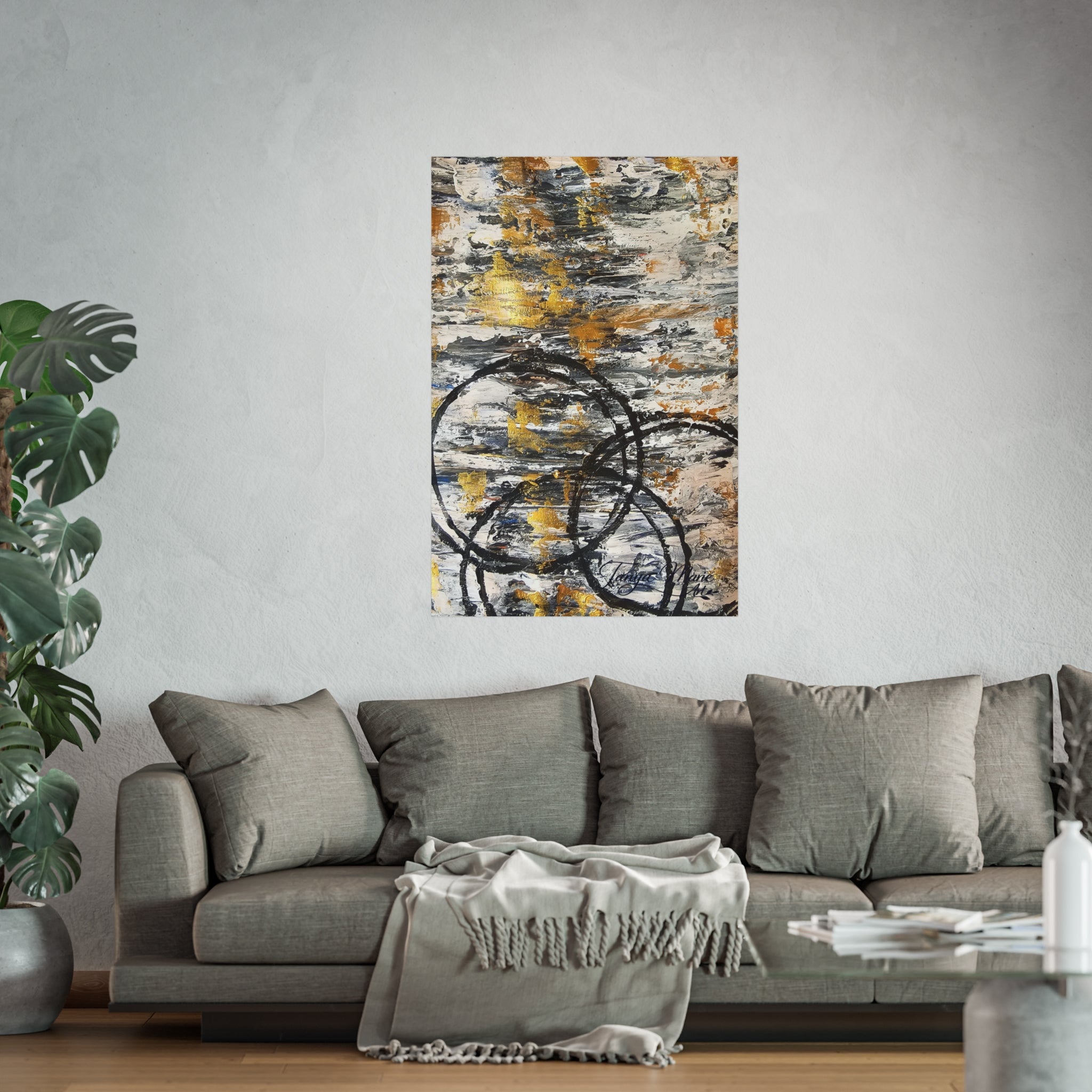 Abstract Gold Texture with Black Rings Fine Art Poster | Modern, Abstract Wall Art
