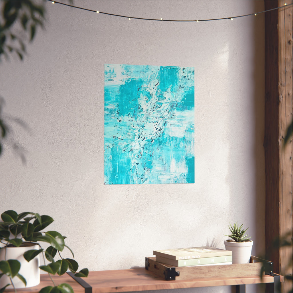 Square turquoise abstract ocean art poster with textured paint layers.