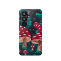Phone case with red toadstool forest design, camera lenses cut out on left