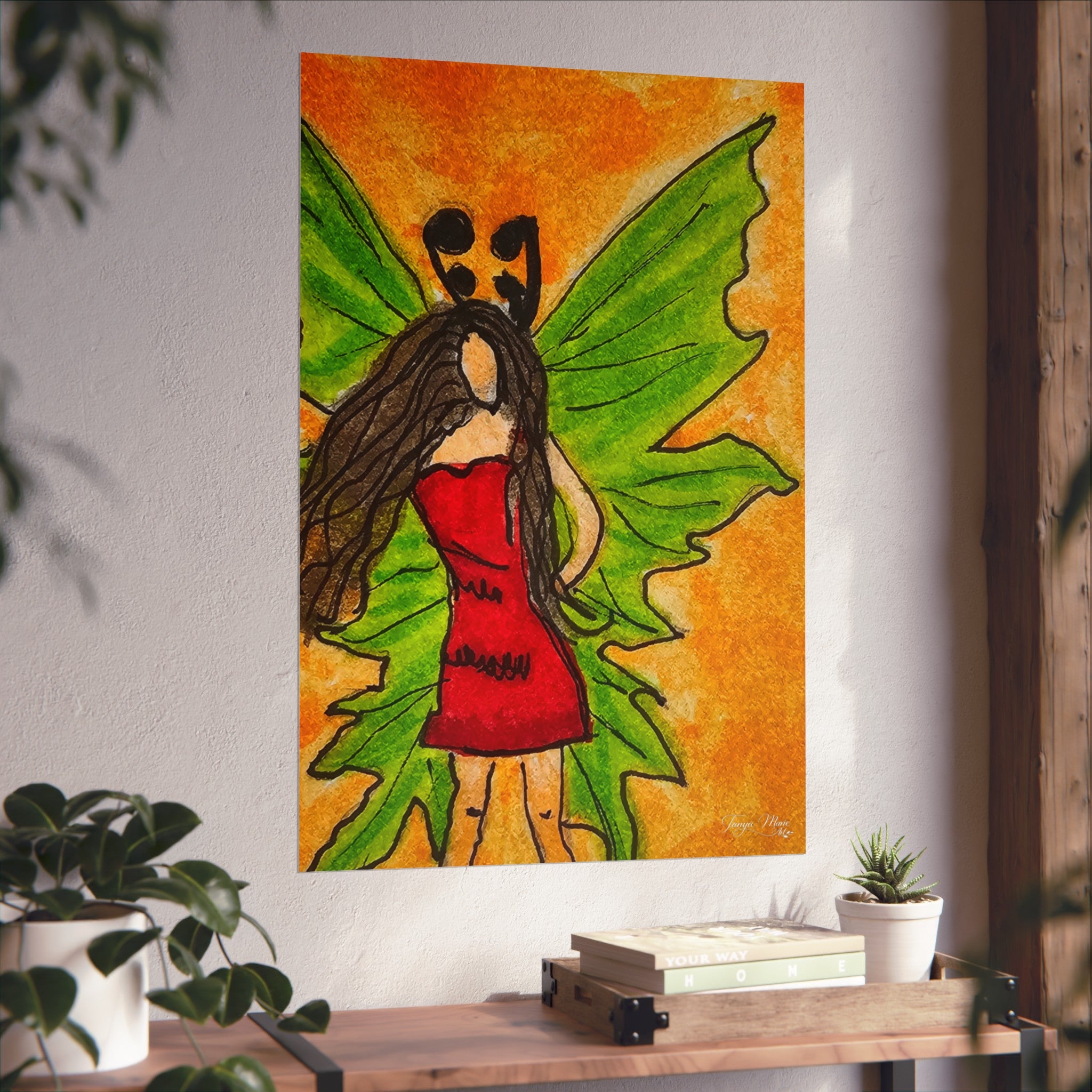 Wall-mounted fairy poster print: winged woman in red dress with green wings