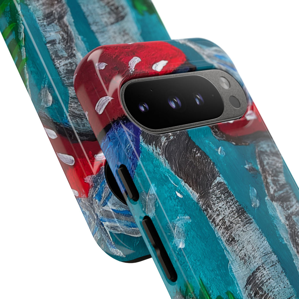 Phone case angled view with red toadstools, birch trunks, and teal pattern
