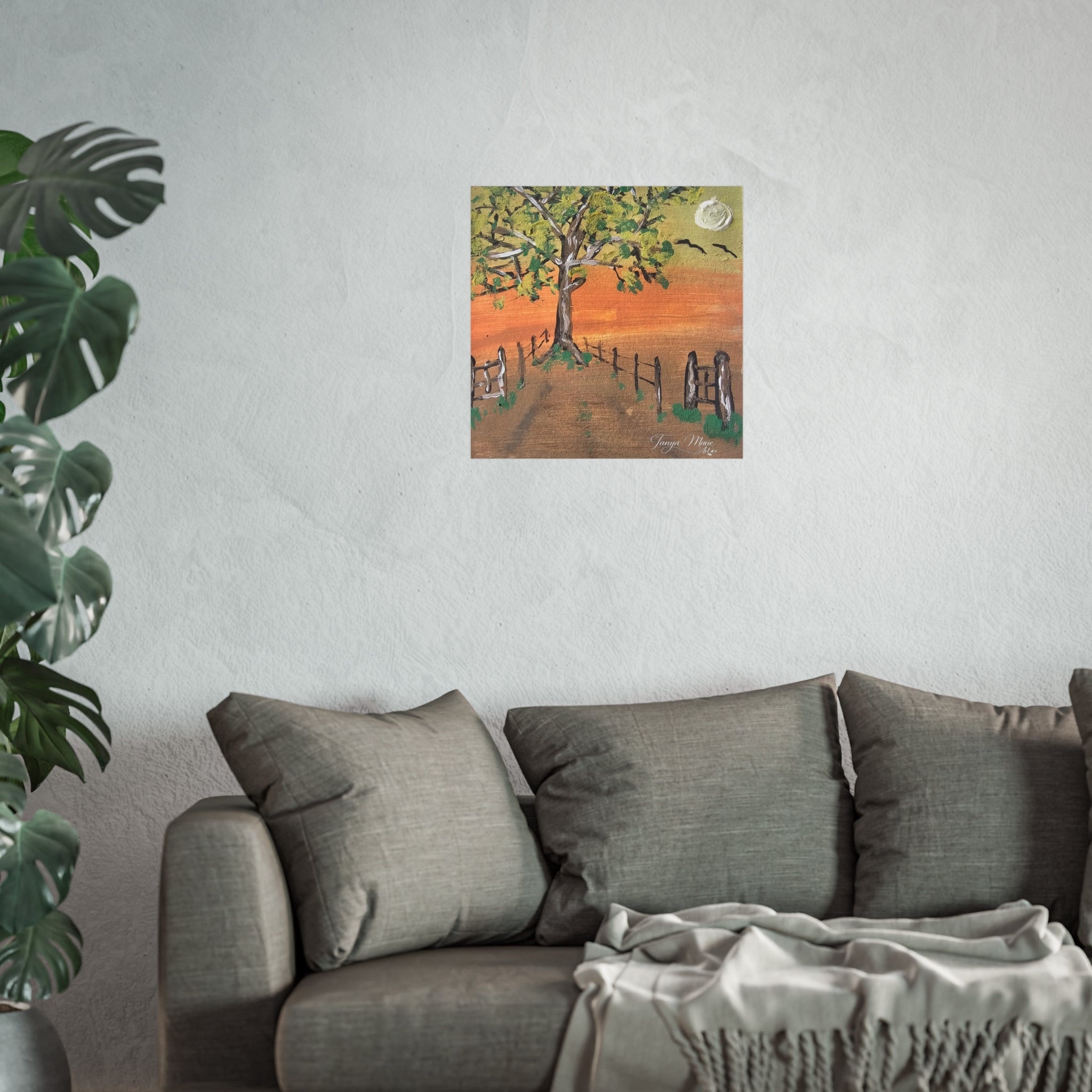 Sunset Path Fine Art Poster — Tree, Fence & Moon Landscape Print