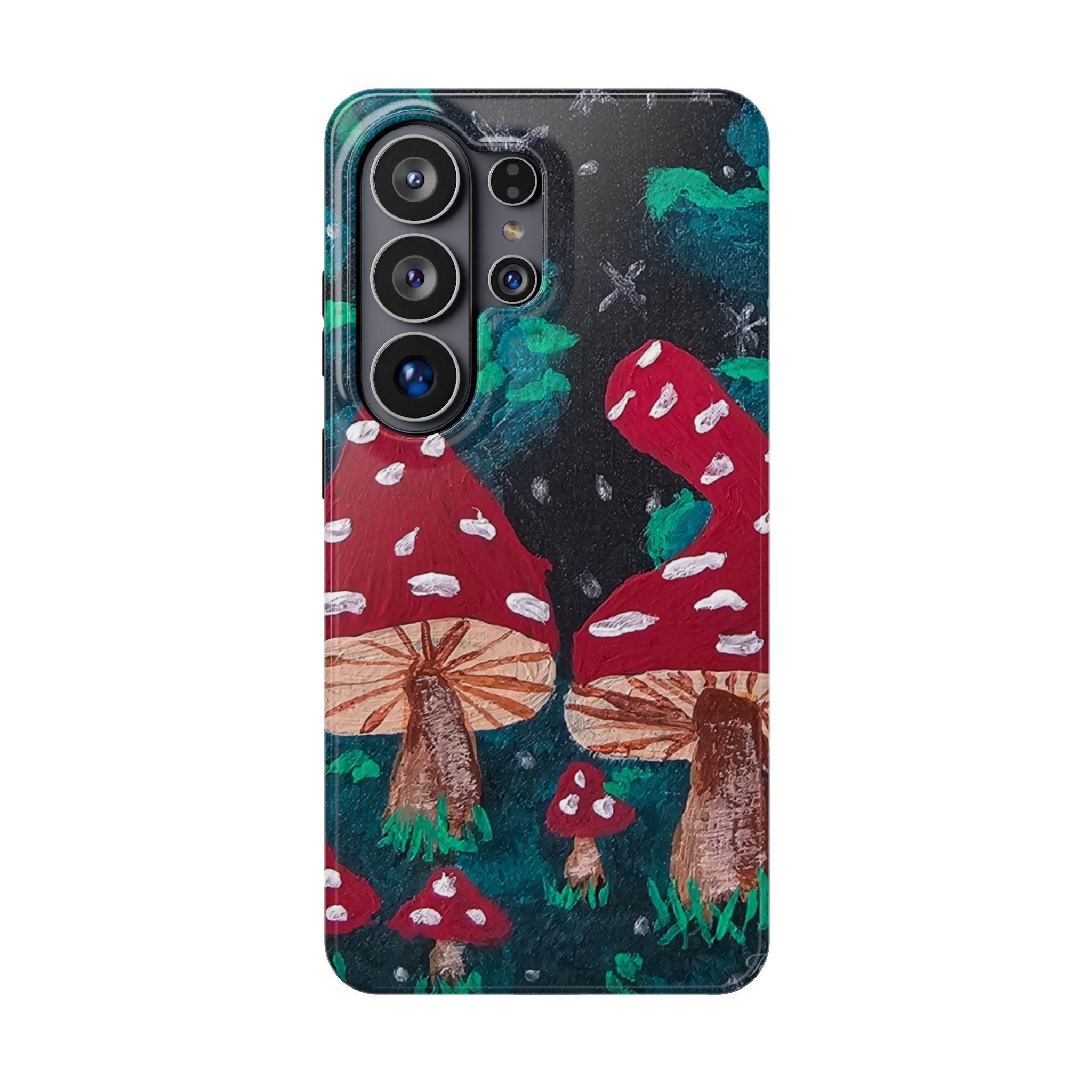 Dark teal magnetic phone case with red toadstool mushroom pattern and cutouts for cameras