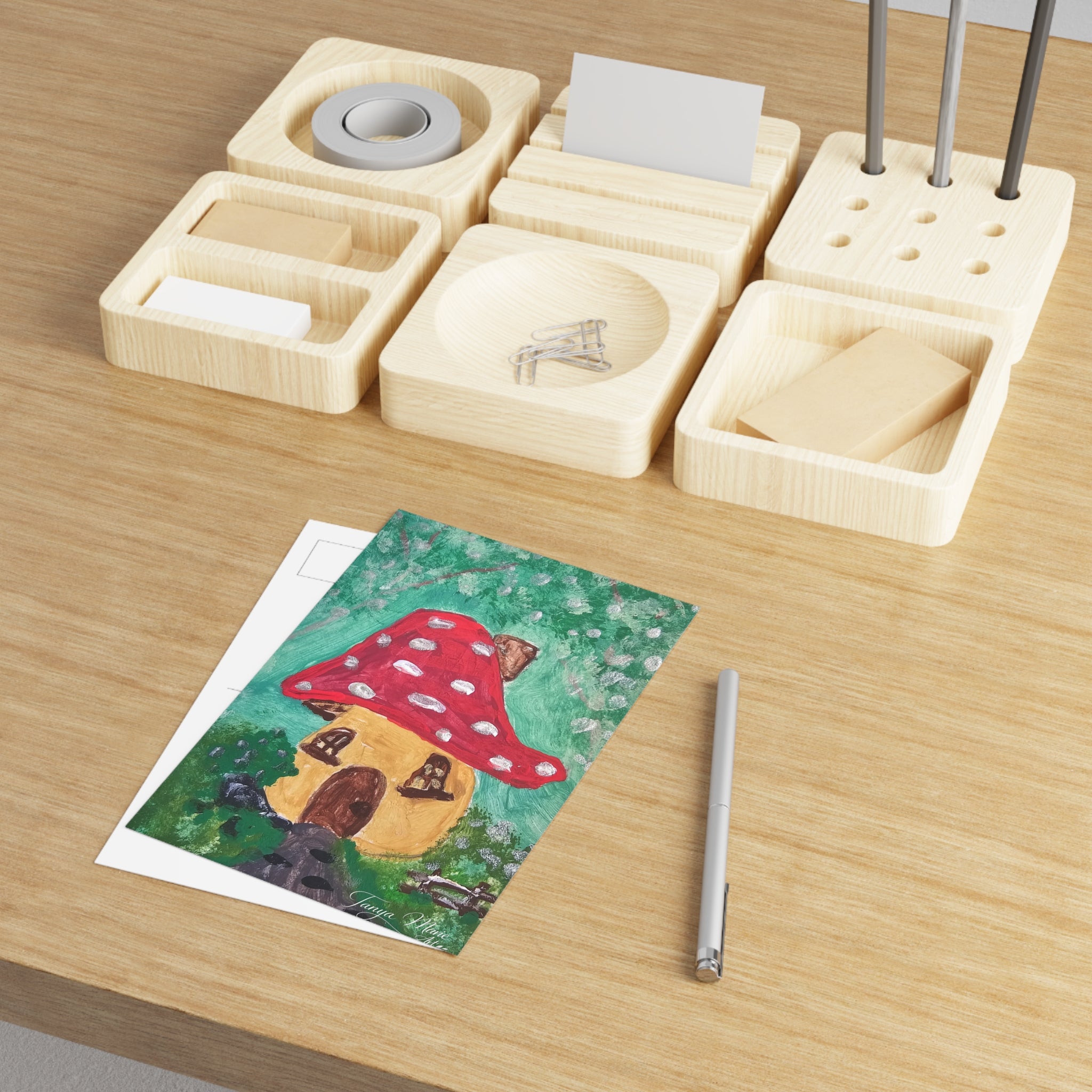 Fairy house greeting card postcard with red mushroom cottage illustration