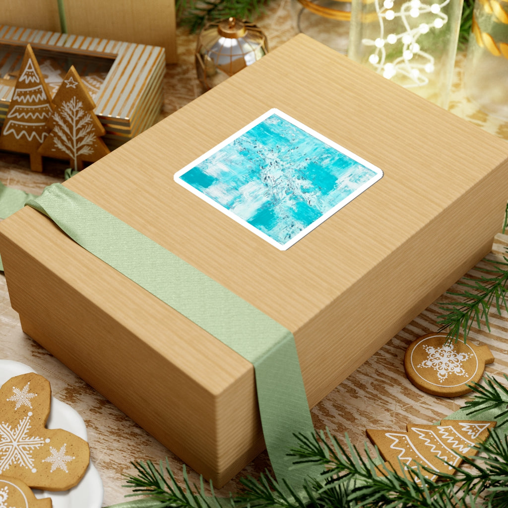 Square teal abstract art sticker with white border and brushed paint texture.