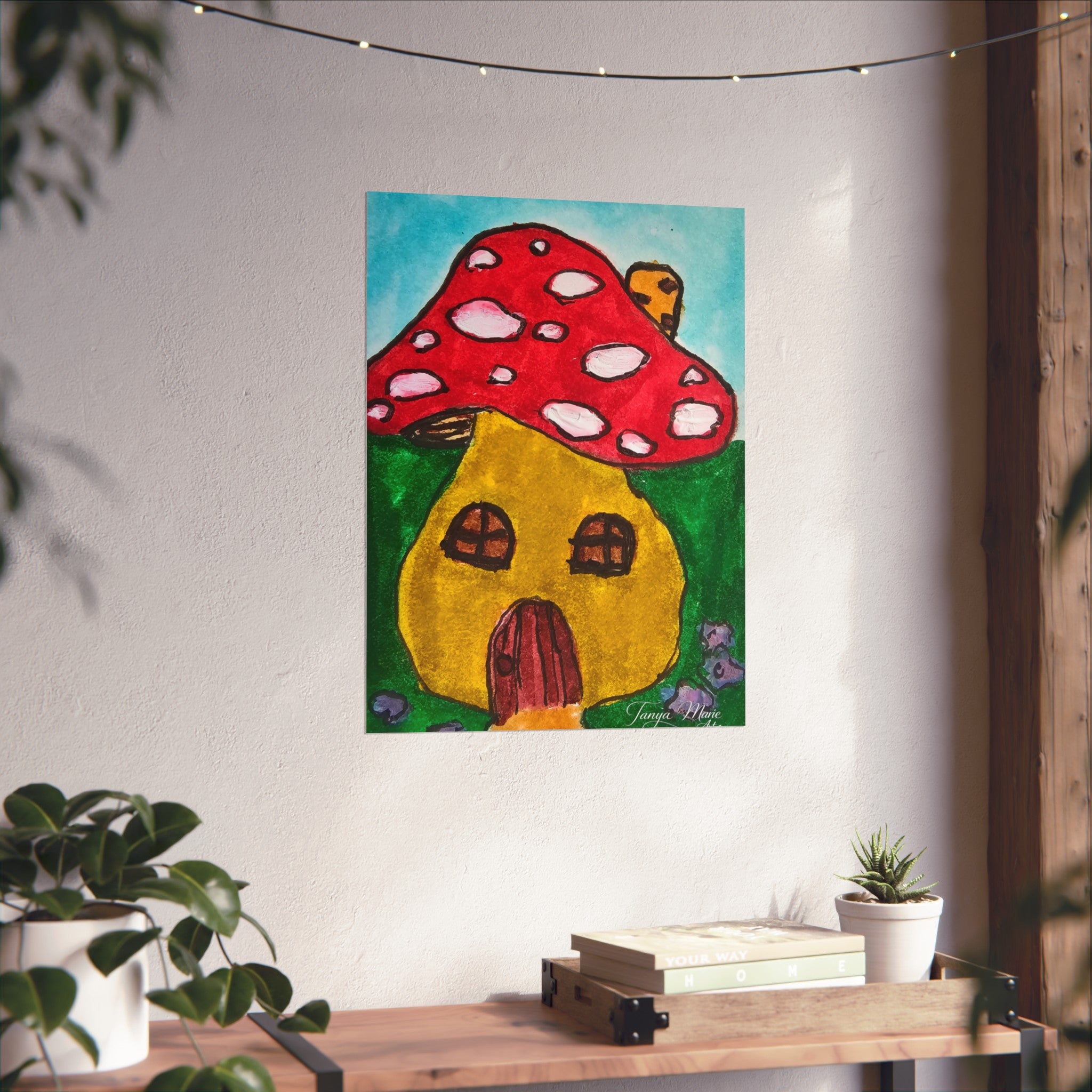 Whimsical mushroom house art poster: red polka-dot mushroom over yellow cottage